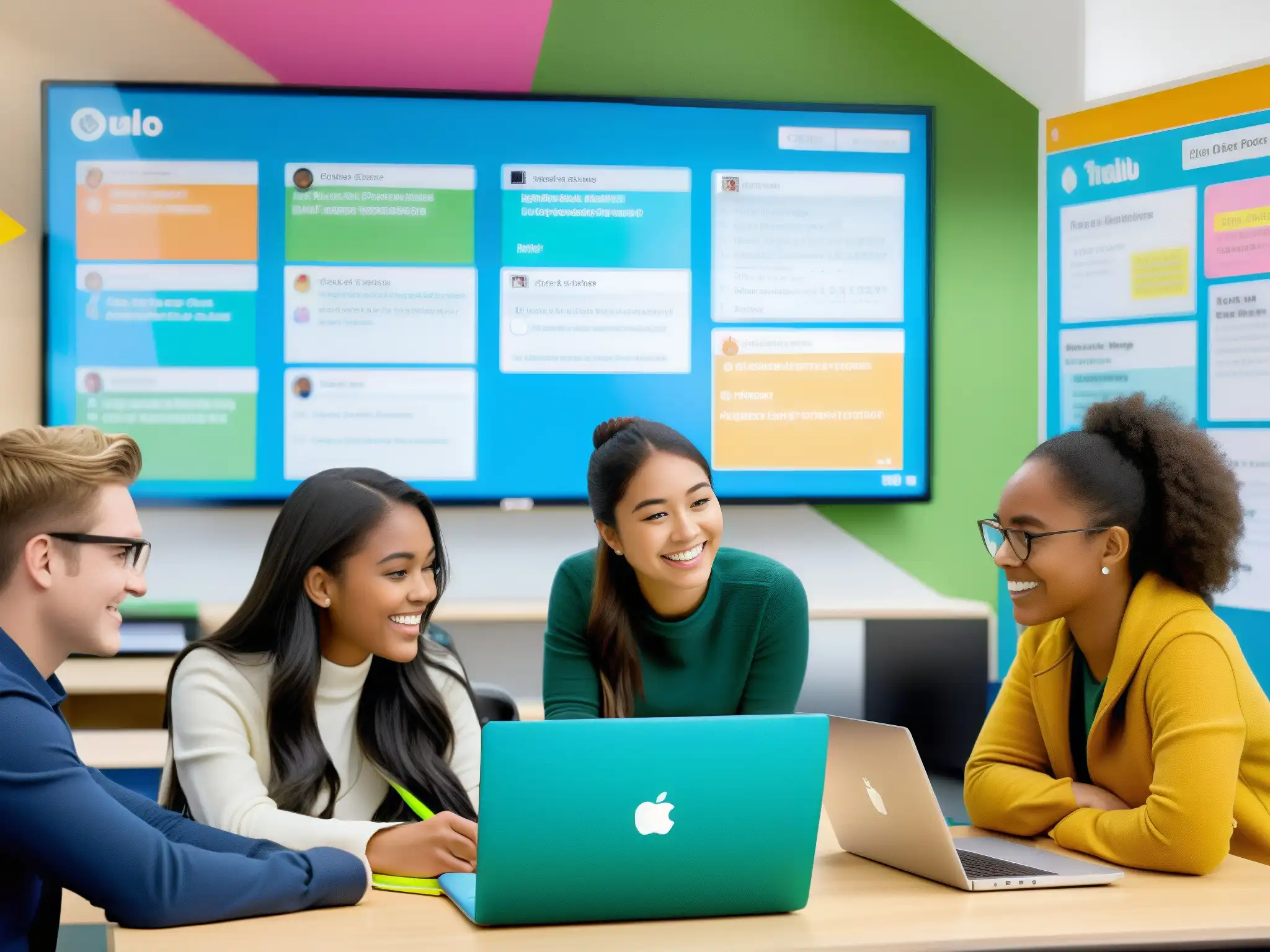 Estudiantes colaboran en proyecto educativo con Trello Grupo de estudiantes utiliza Trello como herramienta educativa en animada colaboración en un aula moderna y bien equipada