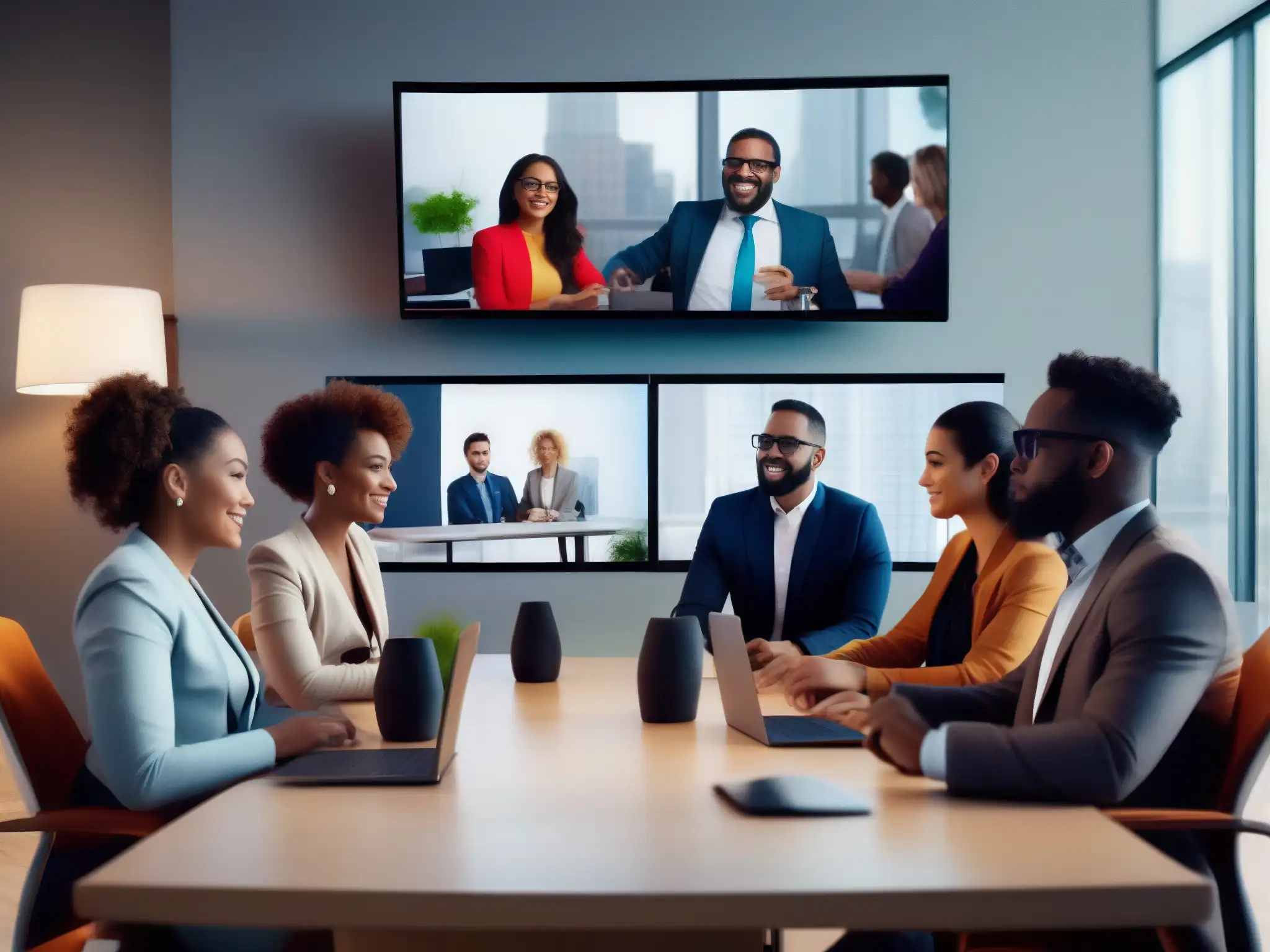 Videoconferencia de freelancers: profesionalismo y colaboración Un grupo de freelancers diversos en una videoconferencia de alta definición, proyectando profesionalismo y colaboración