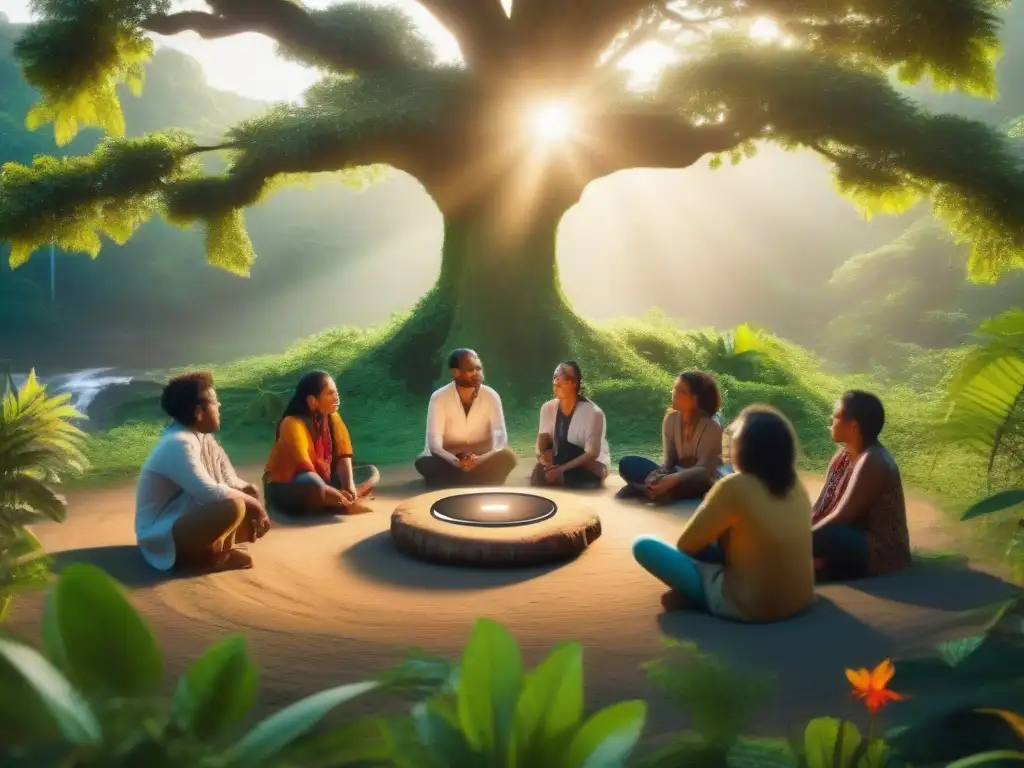 Conexión remota: Pueblos indígenas y tecnología Un grupo de indígenas se conecta con el mundo mediante herramientas de videoconferencia en una exuberante selva remota