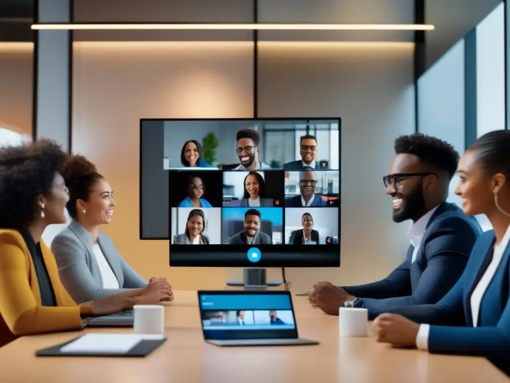 Equipo de profesionales en videoconferencia de alta energía con Signal Un grupo de jóvenes profesionales en una oficina moderna, colaborando en una videoconferencia con Signal