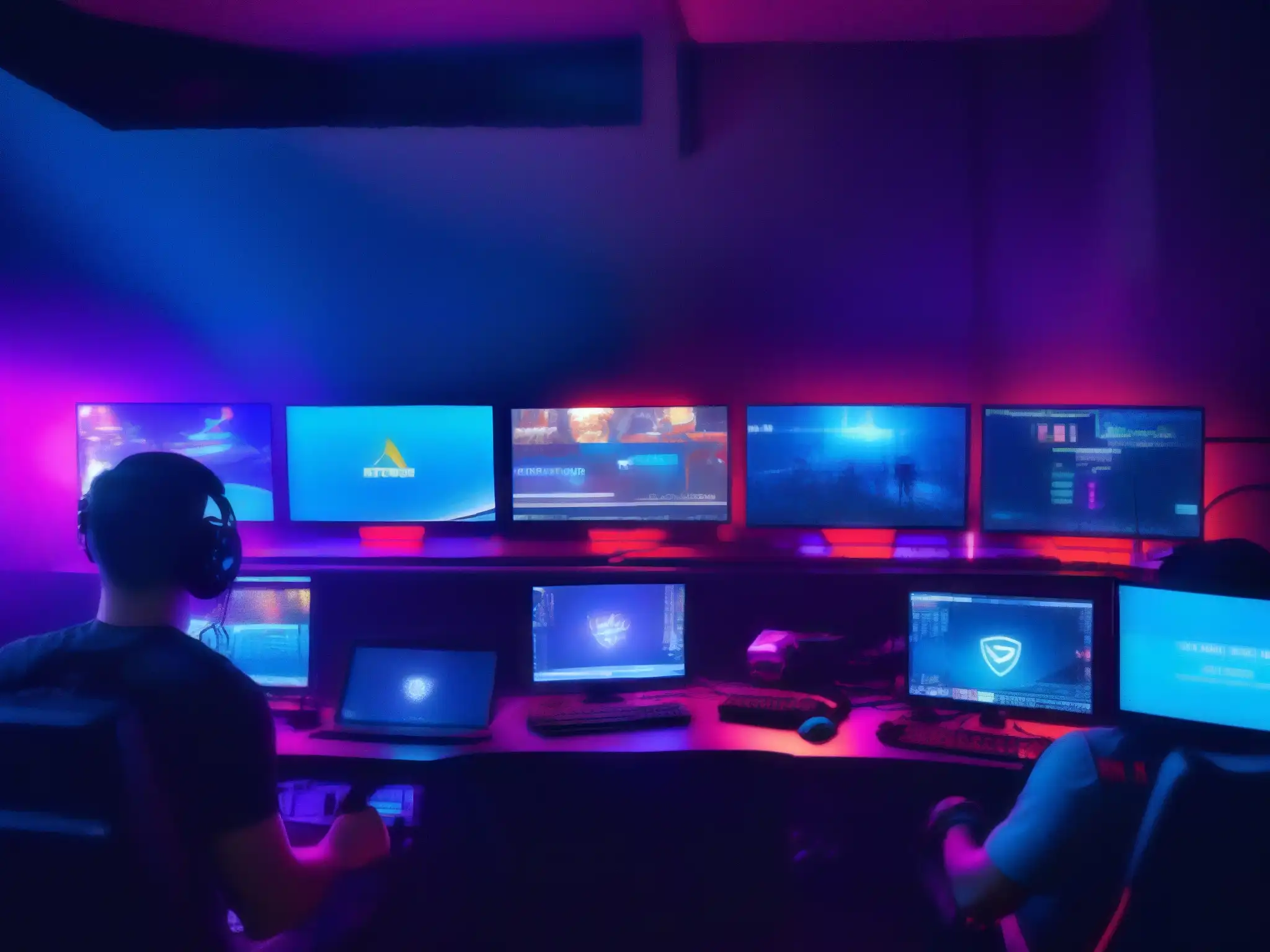 Intensa competencia en la sala de juegos Un grupo de jugadores concentrados en sus juegos, iluminados por las pantallas de ordenador en una habitación futurista
