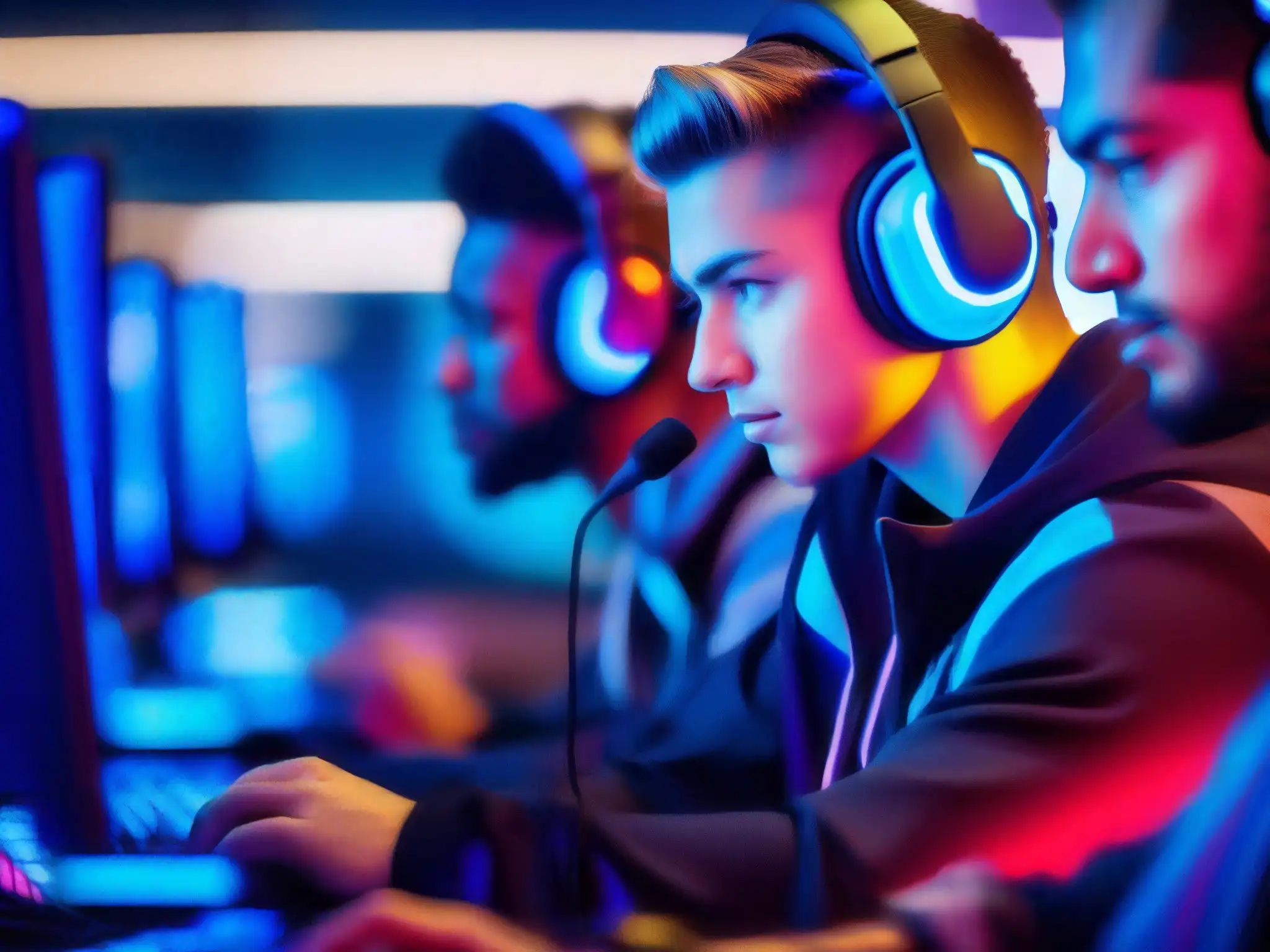 Equipo de eSports en acción: competencia futurista y profesional Grupo de jugadores de esports compitiendo en un ambiente futurista y profesional