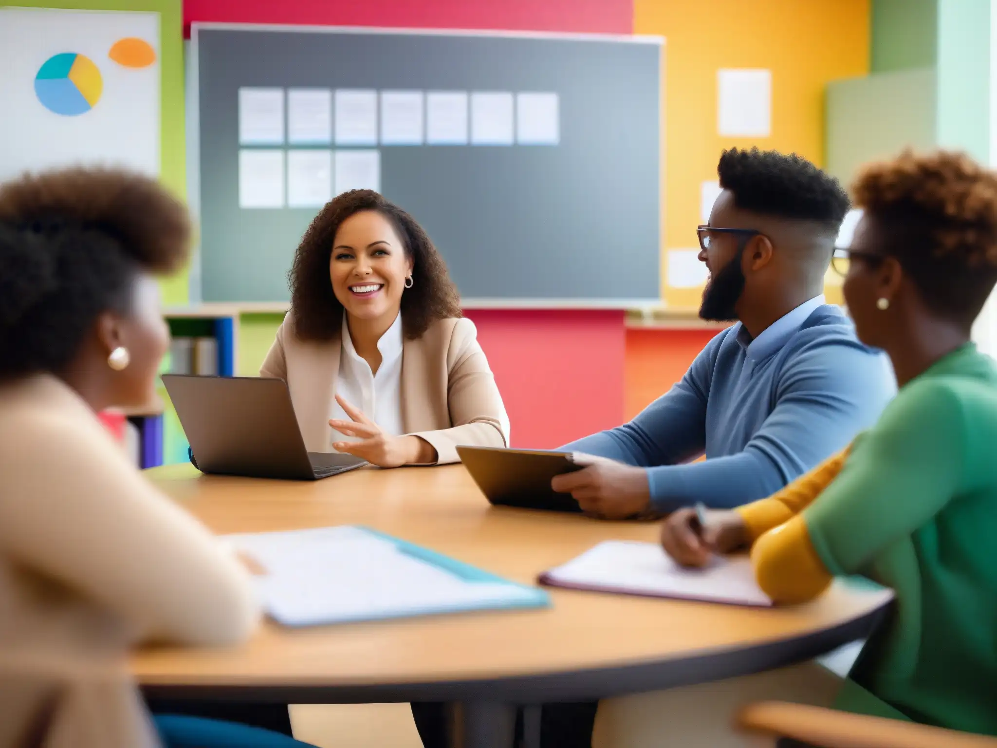 Profesores entusiastas colaboran virtualmente en desarrollo profesional Un grupo de maestros colaborando en una videoconferencia, compartiendo ideas y gestos en una sala de clases moderna