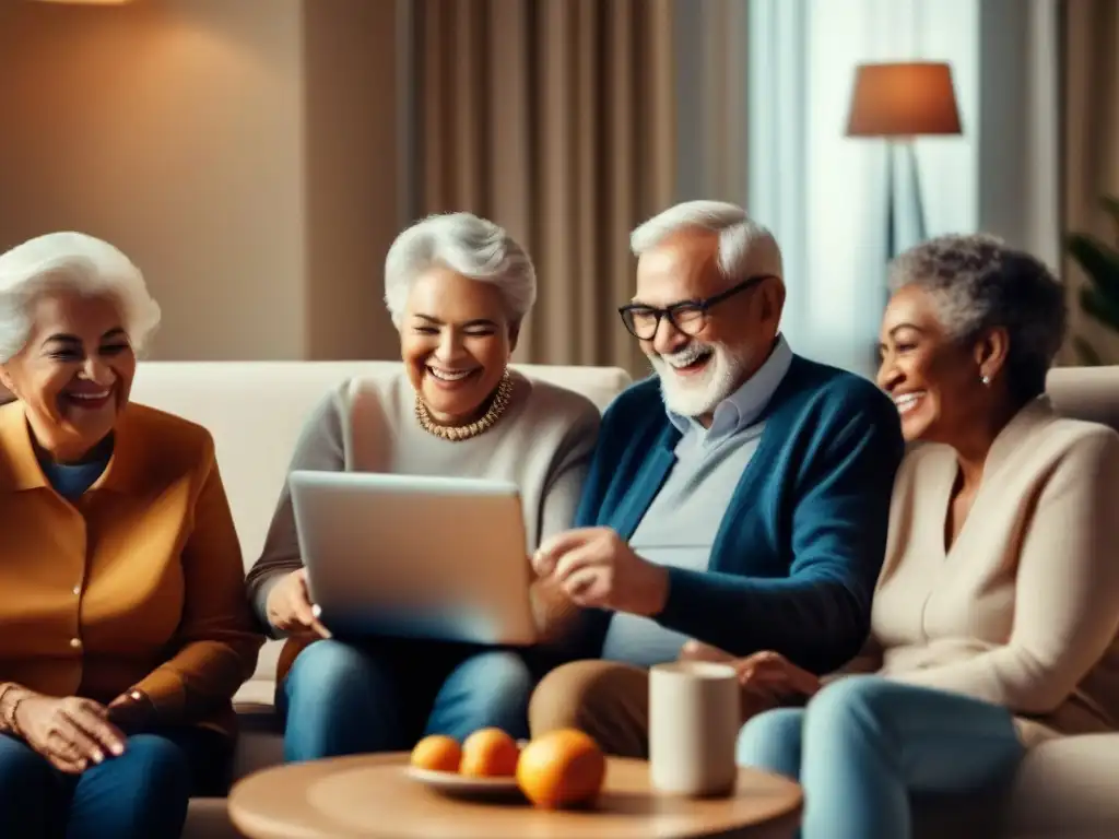 Conexiones familiares: Videoconferencia llena de alegría para ancianos Grupo de mayores sonrientes disfrutando de videoconferencias con familiares