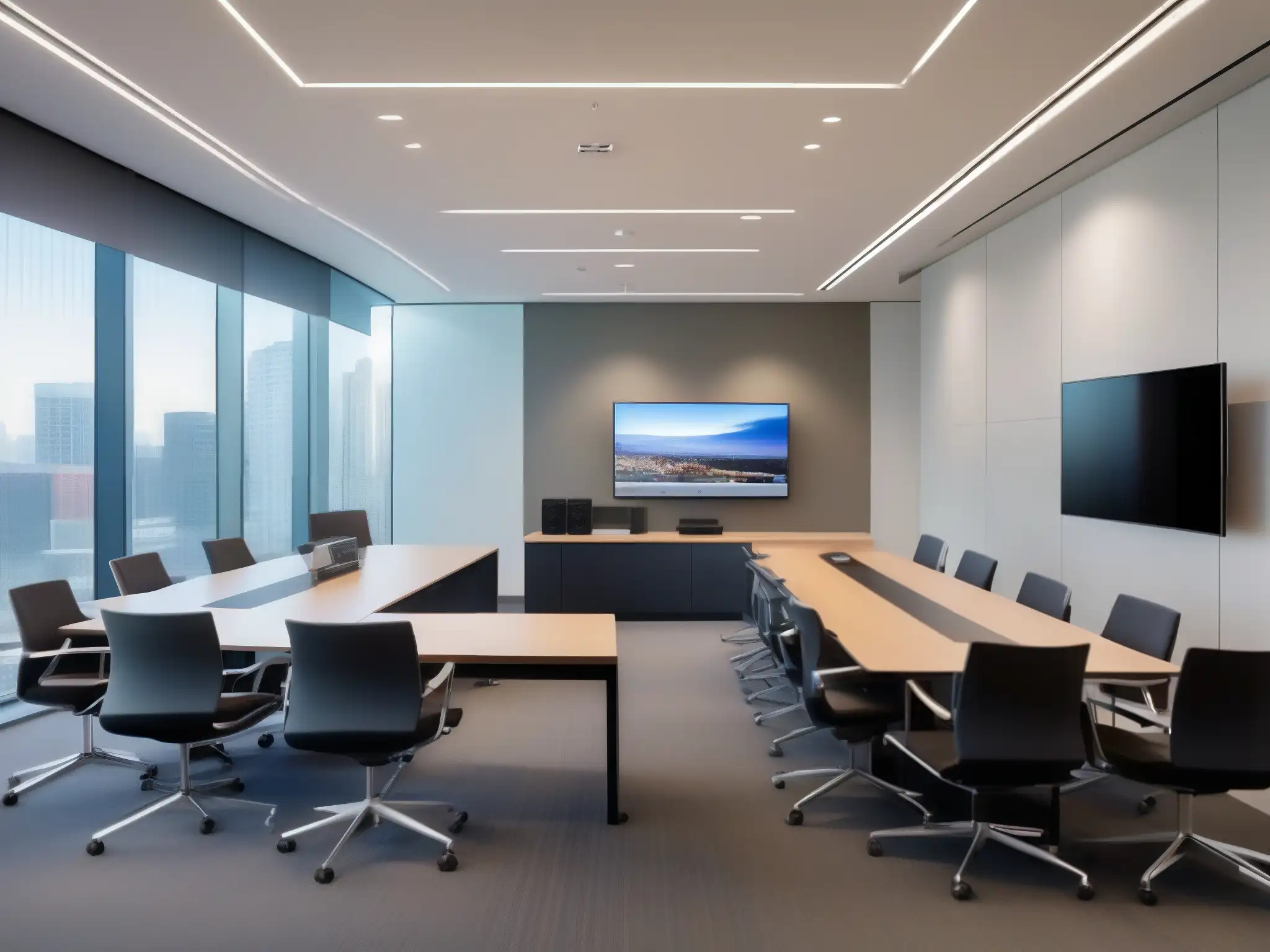 Salón de videoconferencia moderno y luminoso para la educación a distancia Grupo interactuando en moderno espacio para videoconferencias automatizadas formación a distancia, con ambiente luminoso y acogedor