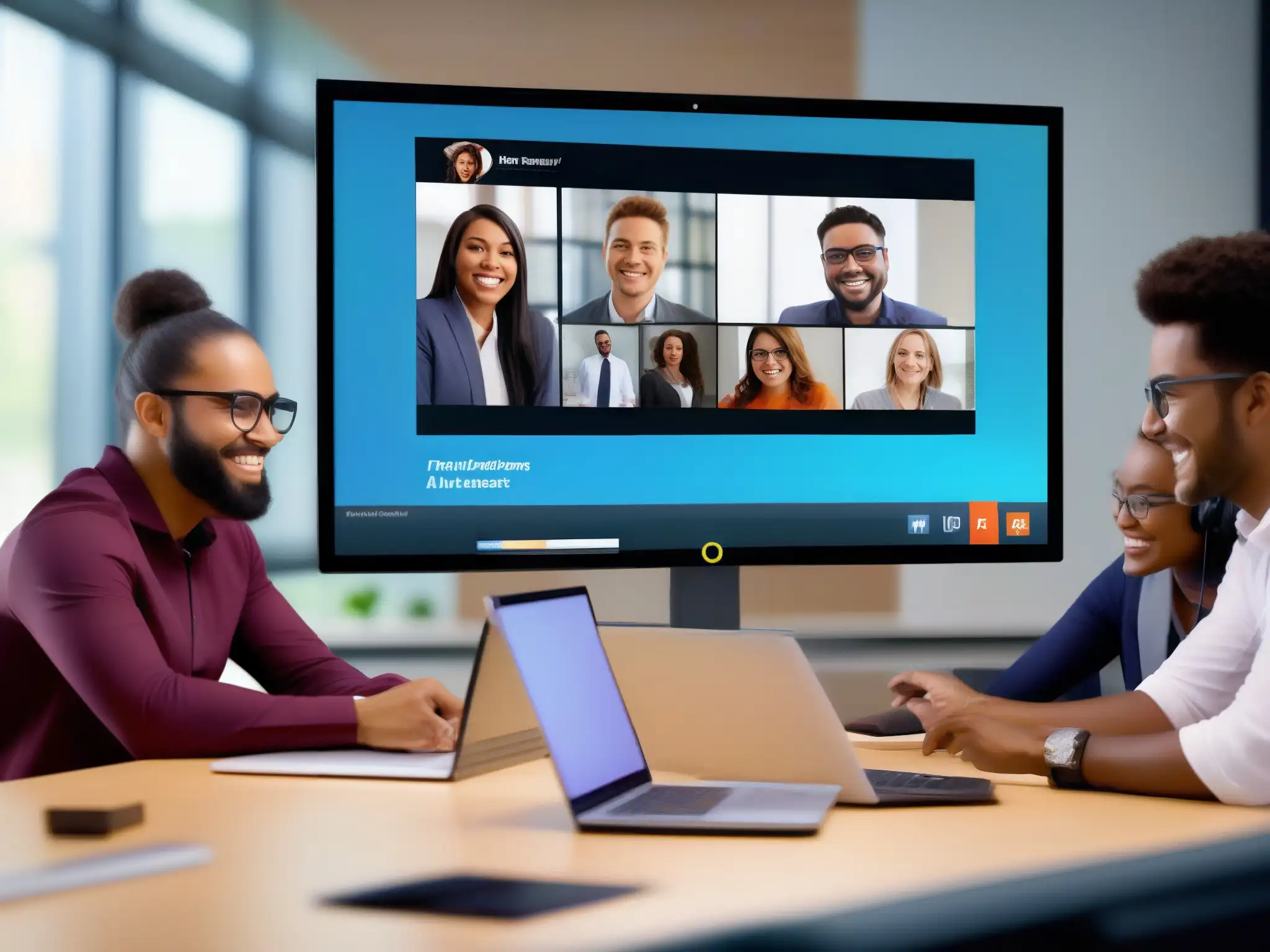 Clase virtual dinámica en GoToMeeting: diversidad y colaboración Grupo multicultural participa en una sesión virtual de GoToMeeting, creando un caso de éxito educativo GoToMeeting con entusiasmo y productividad