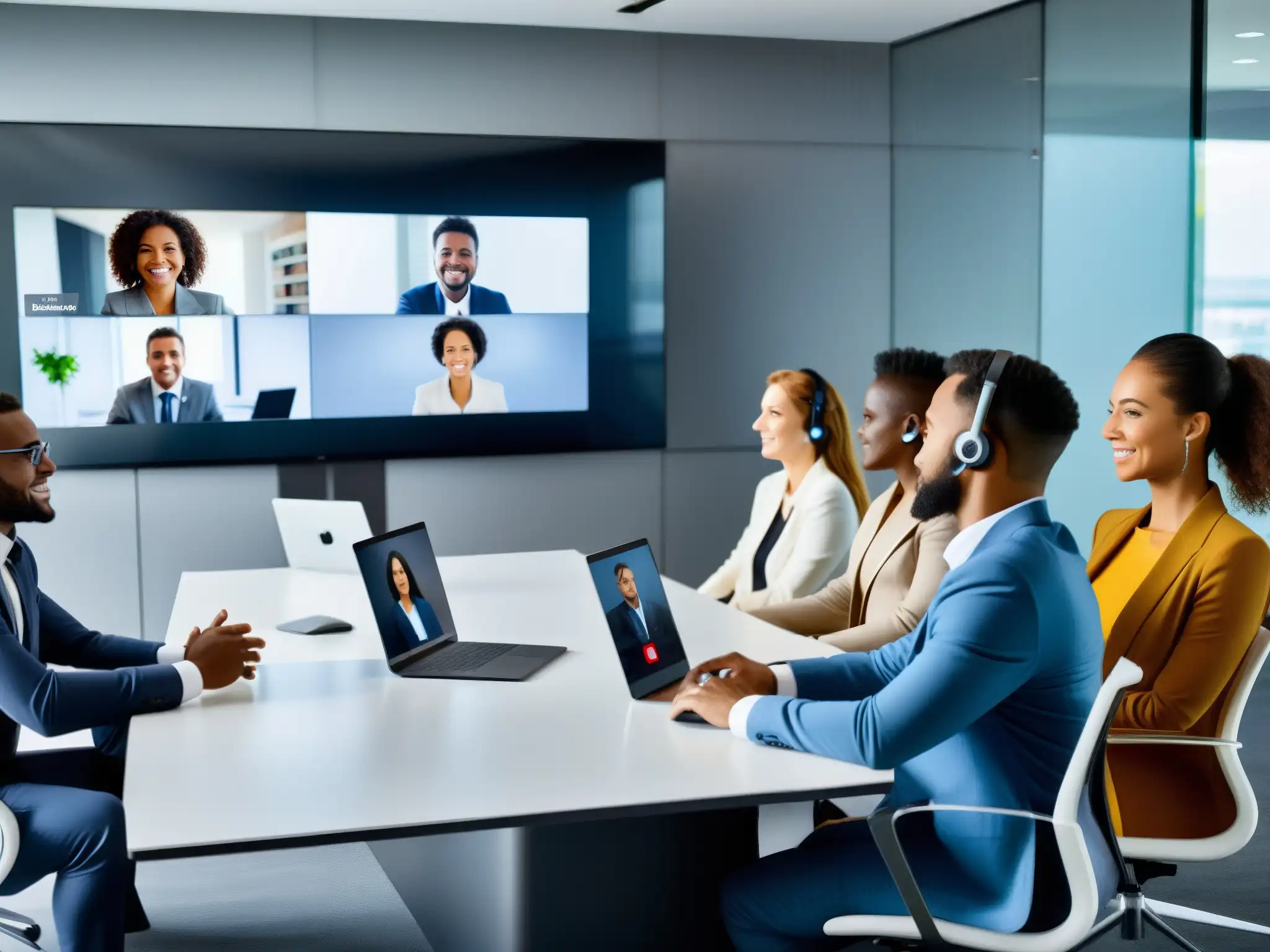 Videoconferencia de alta calidad: productividad y colaboración Un grupo de personas comprometidas en una videoconferencia con calidad de video en alta definición, mostrando profesionalismo y colaboración