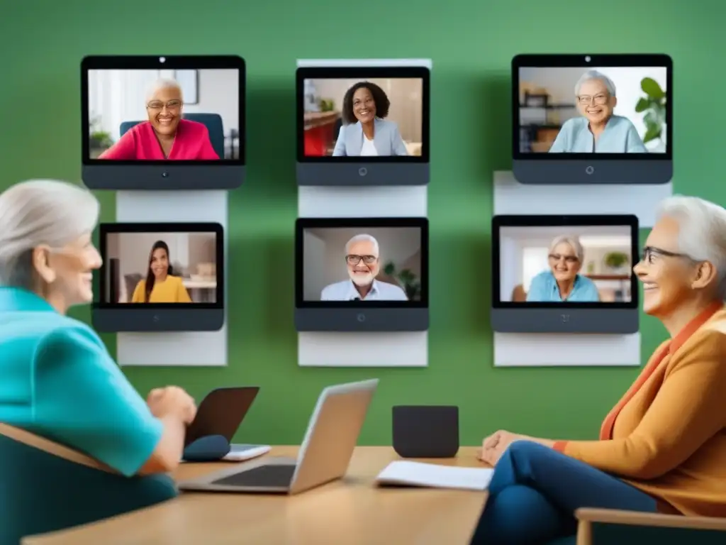 Videoconferencia inclusiva: Personas mayores participando con alegría Un grupo de personas mayores participa con alegría en una videoconferencia en una sala acogedora y bien iluminada
