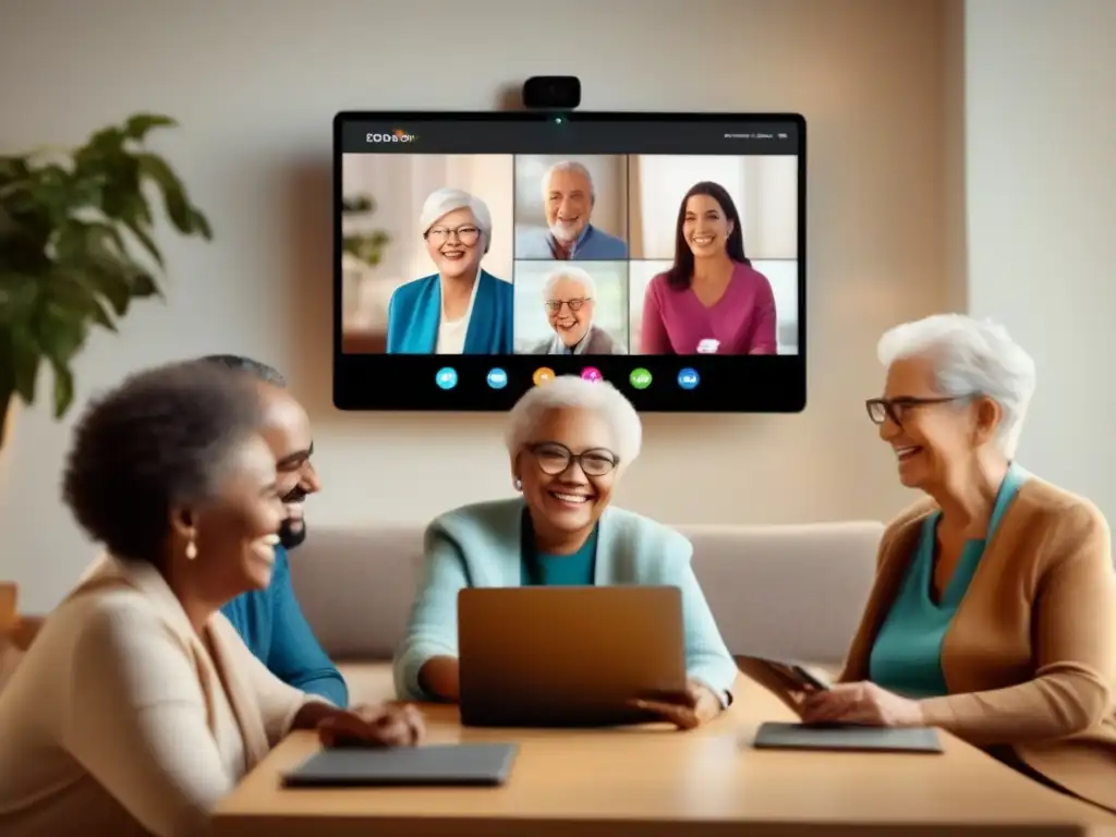 Conexión familiar: Videoconferencia llena de sonrisas Un grupo de personas mayores sonrientes participa en una videoconferencia con sus familias, mostrando la adaptación de mayores a videoconferencias