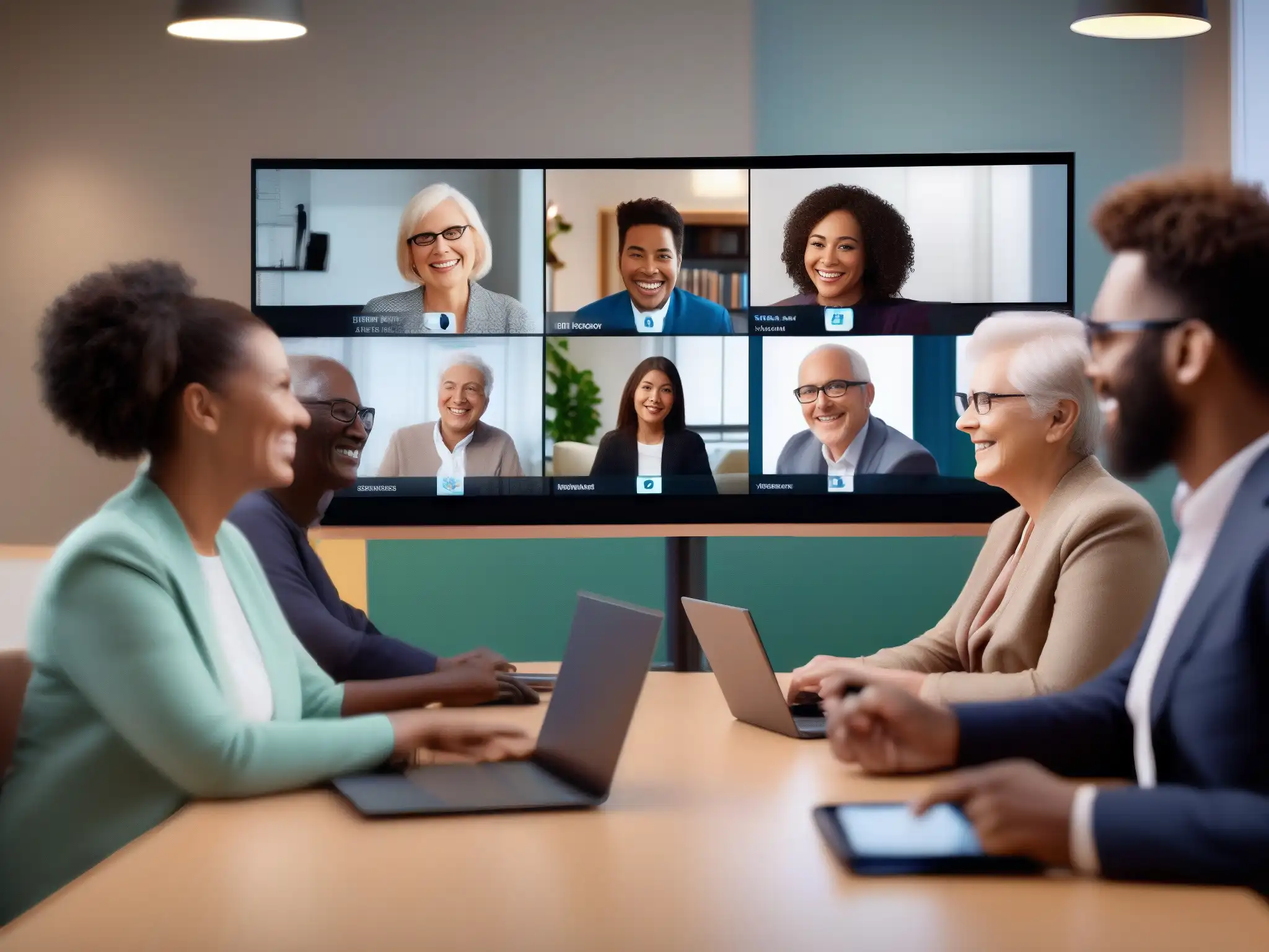 Videoconferencia accesible para personas mayores: inclusiva y moderna Un grupo de personas mayores participando en una videoconferencia con funciones de accesibilidad modernas, como subtítulos, interpretación en lenguaje de señas y tamaños de letra ajustables