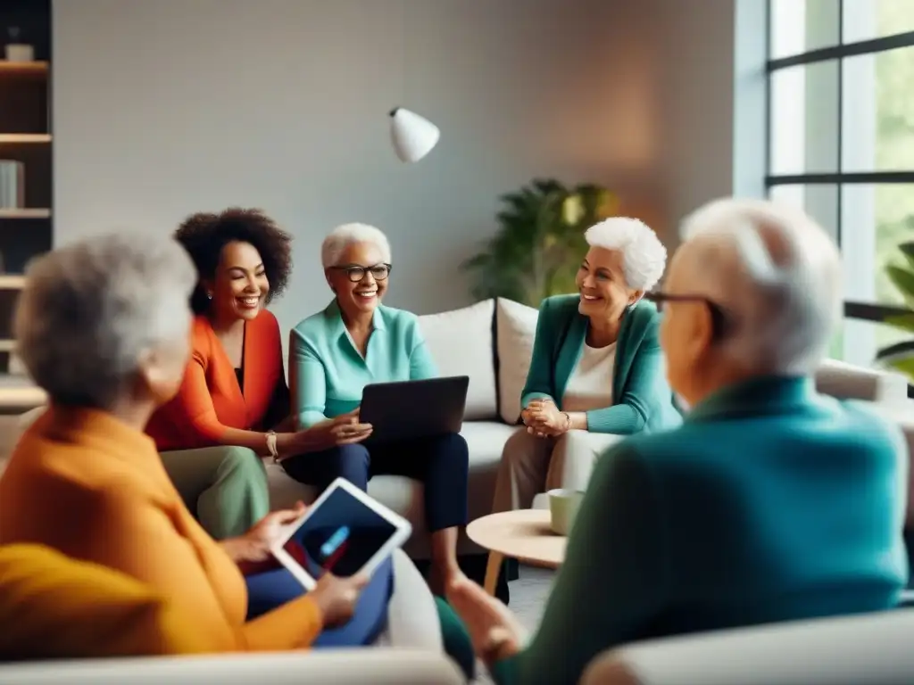 Seniors conectados: Descubriendo la tecnología juntos Grupo de personas mayores disfrutando de videoconferencias en una sala moderna y luminosa, mostrando adaptación a la tecnología