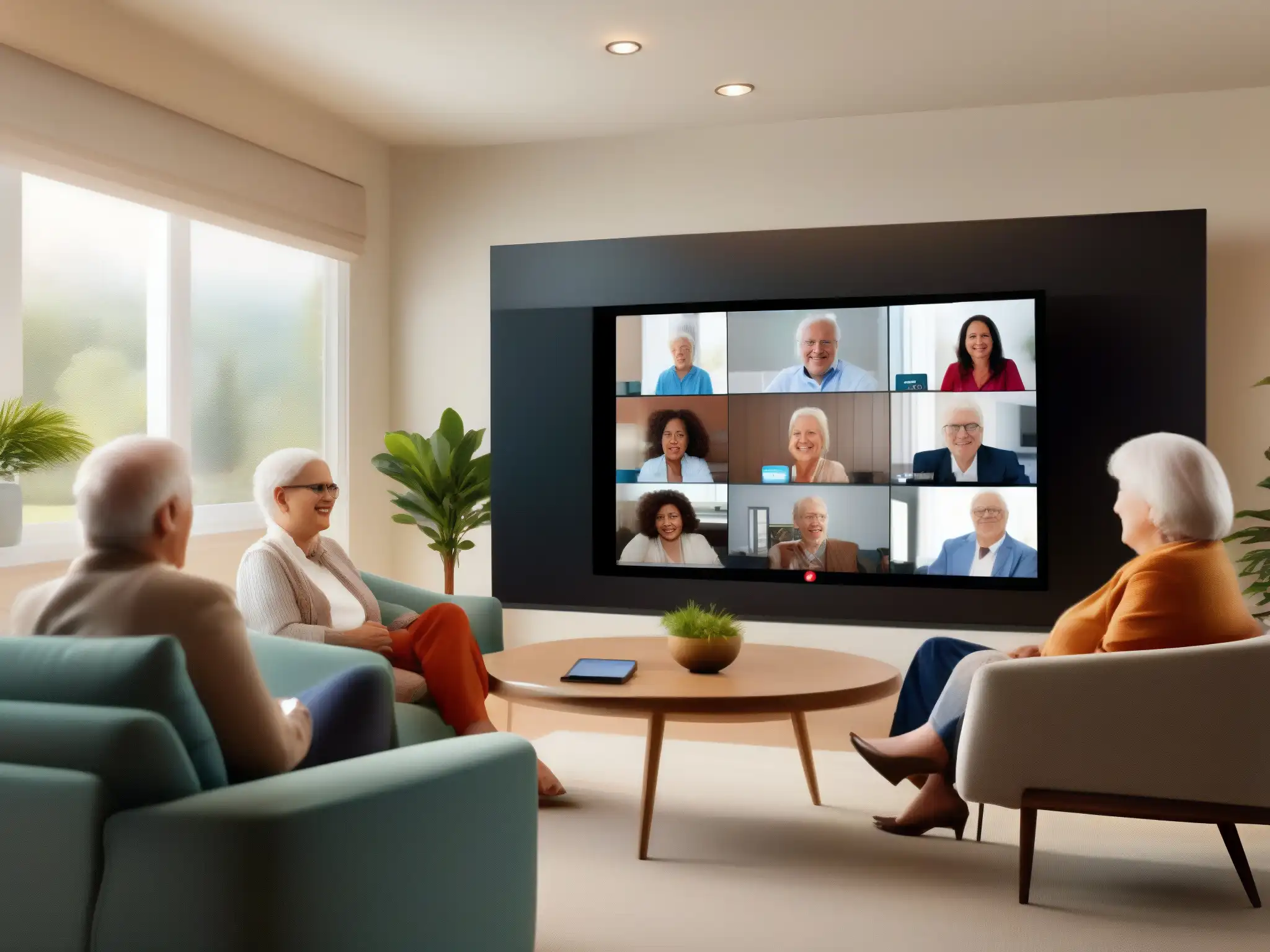 Videoconferencia accesible para adultos mayores Un grupo de personas mayores disfruta de una videollamada en una sala luminosa y acogedora, con funciones de accesibilidad en videoconferencias