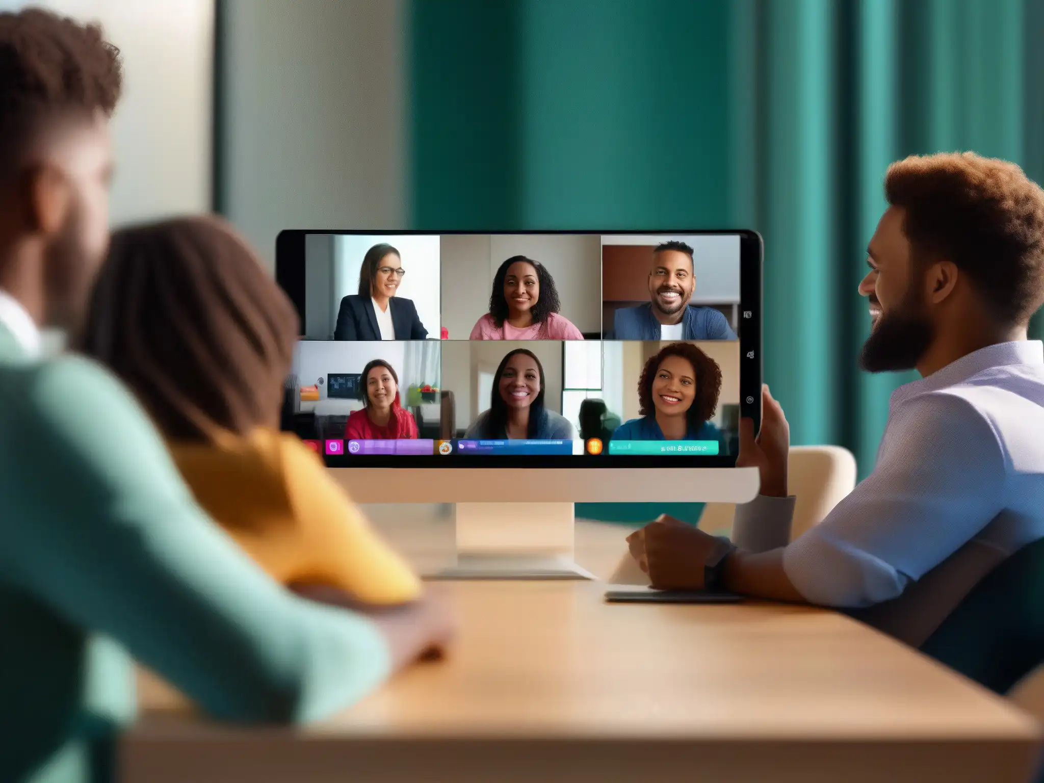 Videoconferencia profesional en círculo Un grupo de personas en una videoconferencia móvil, con alta definición y colores vibrantes