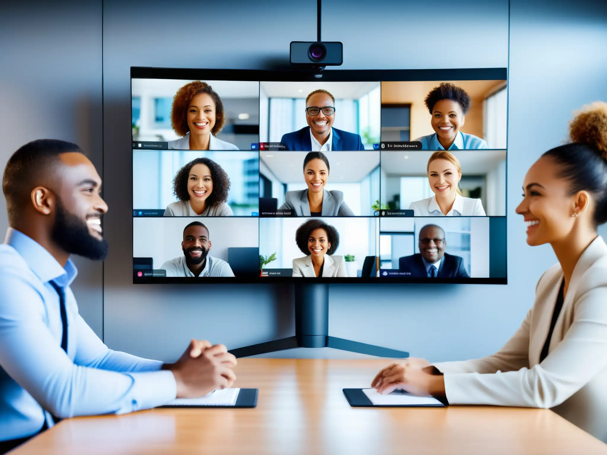 Videoconferencia enfocada y moderna en un entorno profesional Un grupo de personas participando en una videoconferencia con la mejor plataforma de videoconferencia, transmitiendo profesionalismo y compromiso