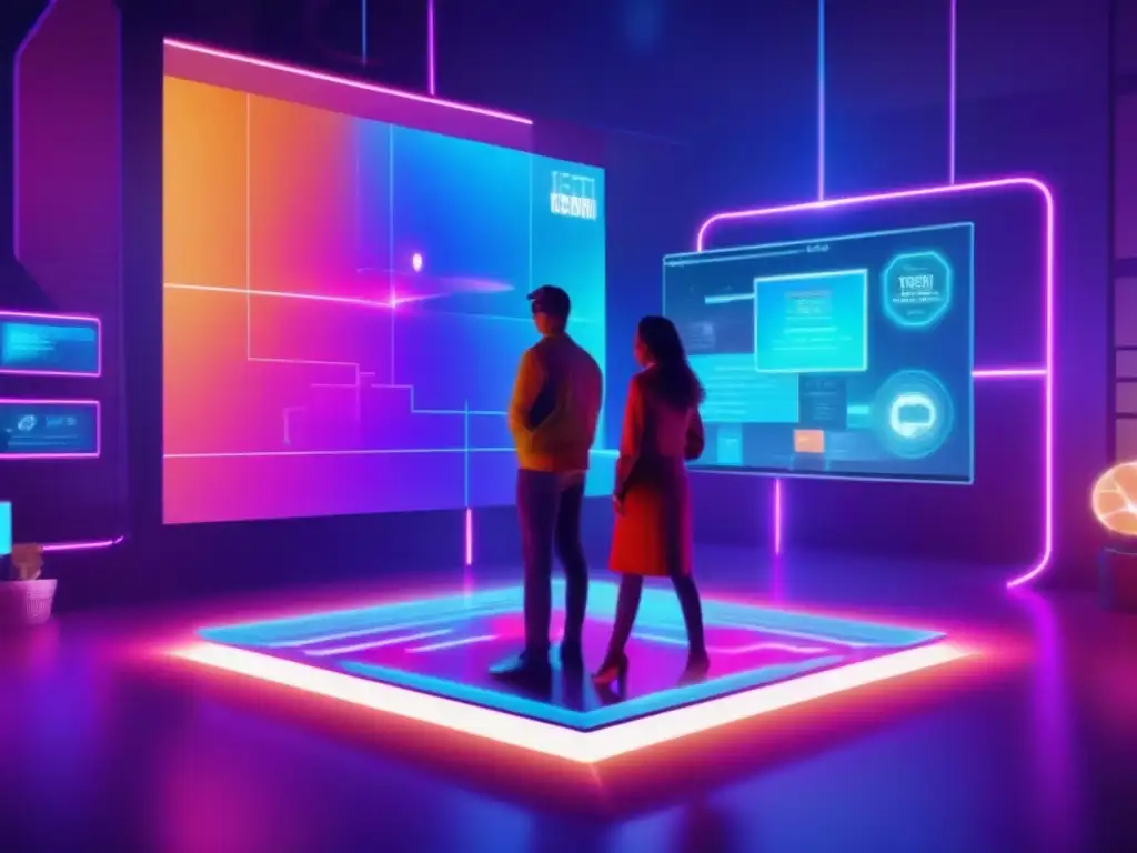 Escape Room Virtual: Tecnología Futurista e Inmersión Grupo resolviendo pistas holográficas en una sala de escape virtual futurista