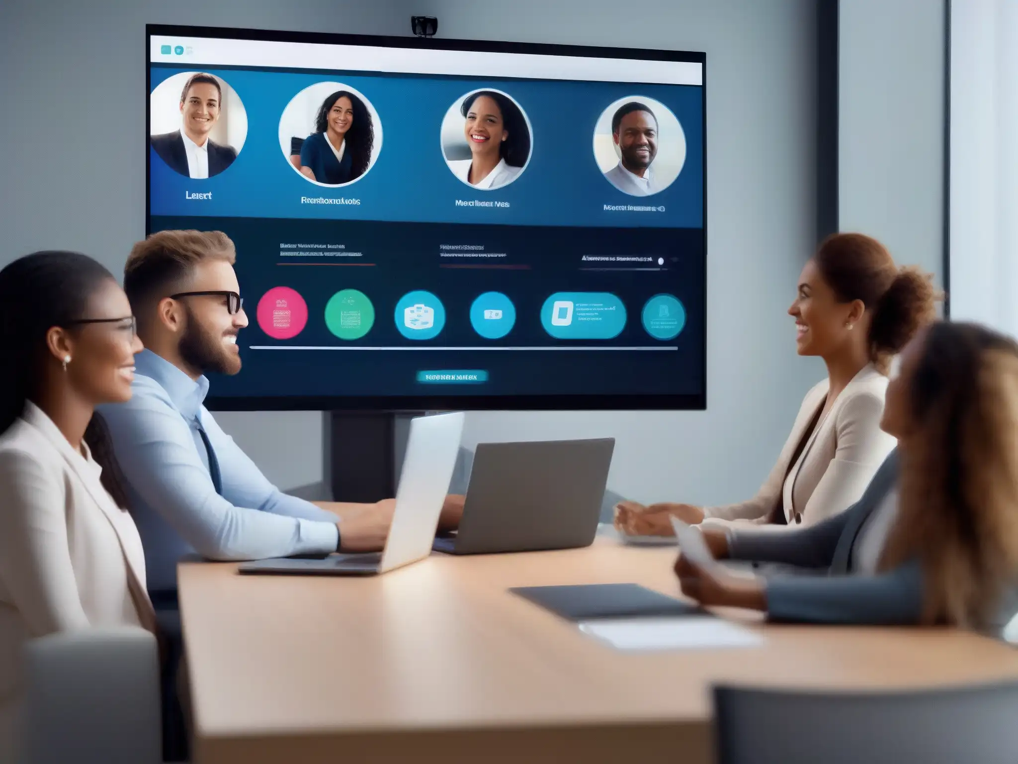 Asistente virtual en videoconferencia Un grupo de profesionales colabora con un asistente virtual en una videoconferencia, integrando la inteligencia artificial de forma fluida