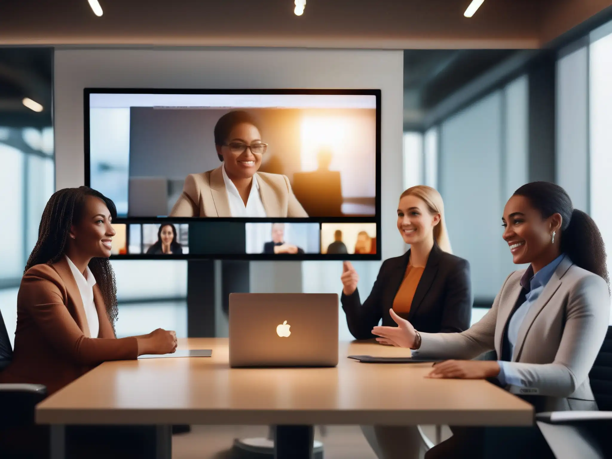 Conferencia virtual: Profesionales seguros y comprometidos Grupo de profesionales comprometidos en una videoconferencia, comunicando confianza y compromiso con gestos seguros