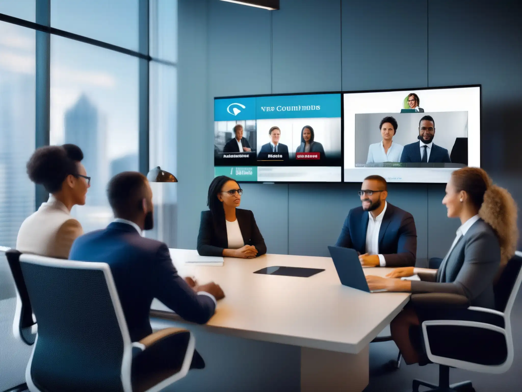 Videoconferencia segura con profesionales diversos Un grupo de profesionales diversificados participan en una videoconferencia segura con un fondo de oficina moderna