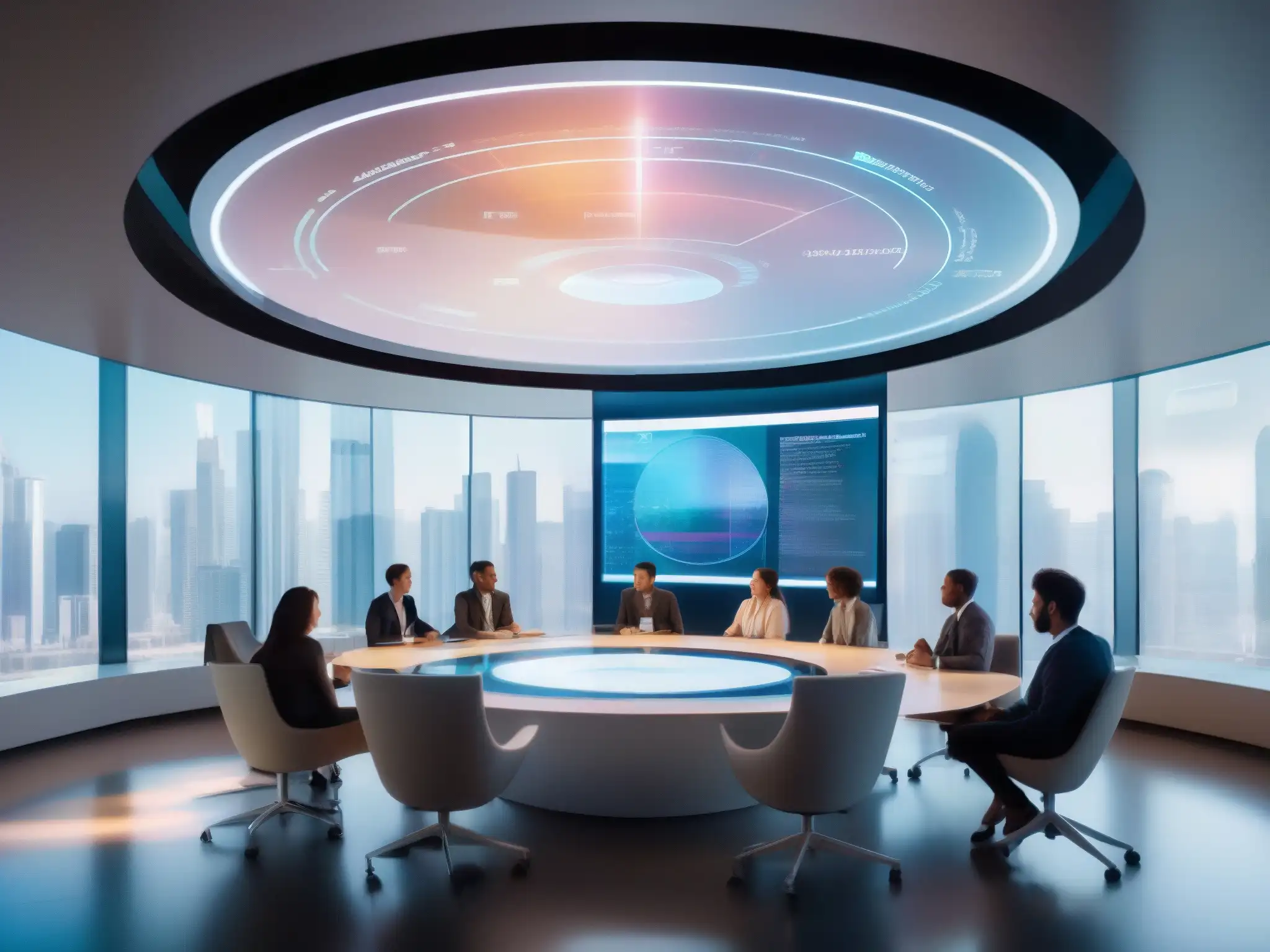 Conferencia holográfica: Innovación y colaboración Un grupo de profesionales y estudiantes colaborando en una sala de videoconferencias futurista con tecnología holográfica