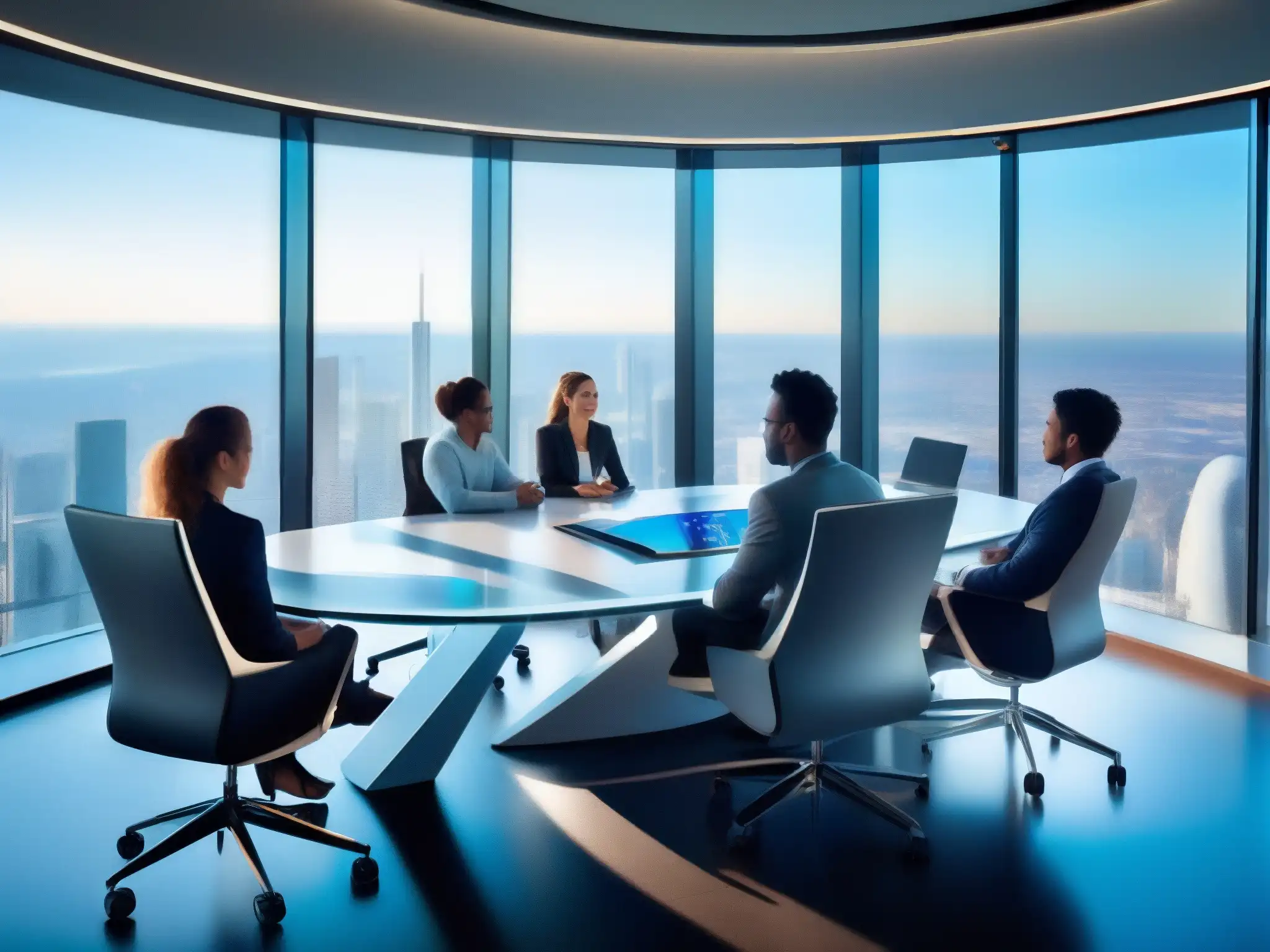 Reunión innovadora con Avaya Spaces Un grupo de profesionales y estudiantes colaboran en una sala de reuniones moderna, equipada con tecnología de vanguardia para videoconferencias