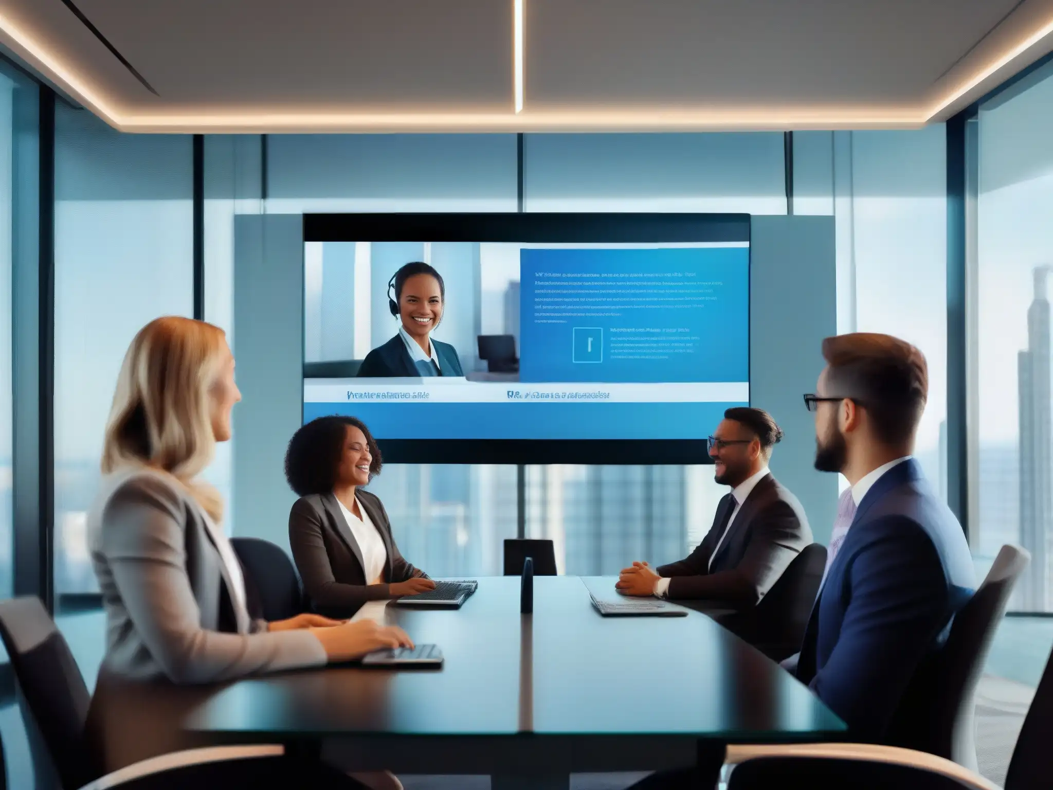Conferencia virtual financiera: colaboración profesional Un grupo de profesionales financieros participa en una videoconferencia, mostrando un ambiente colaborativo y moderno en el sector financiero
