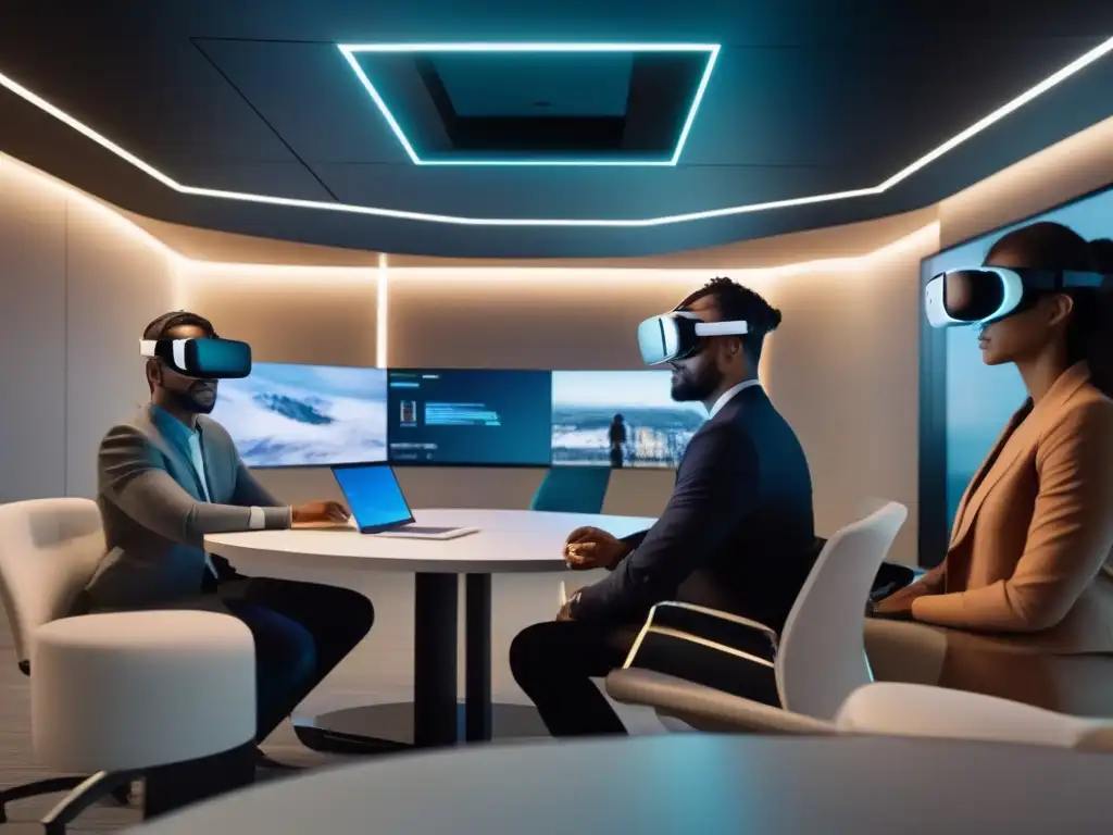 Profesionales colaboran en conferencia virtual con tecnología de vanguardia Un grupo de profesionales diversos utiliza herramientas de videoconferencia comparativas en un entorno futurista e inmersivo