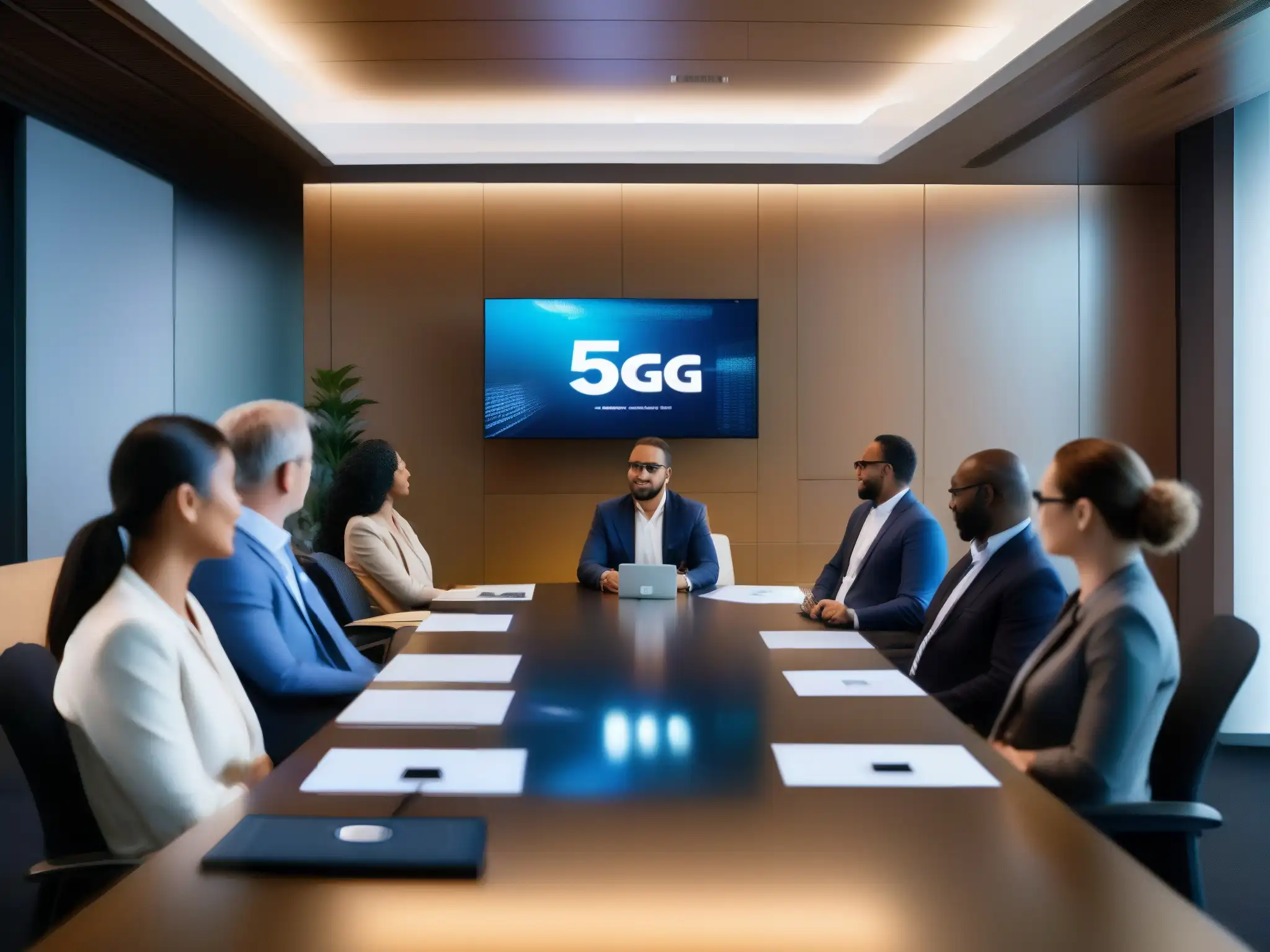 Videoconferencia 5G: Eficiencia Profesional Futurista Un grupo de profesionales inmersos en una videoconferencia de alta tecnología, destacando el impacto del 5G en comunicaciones empresariales