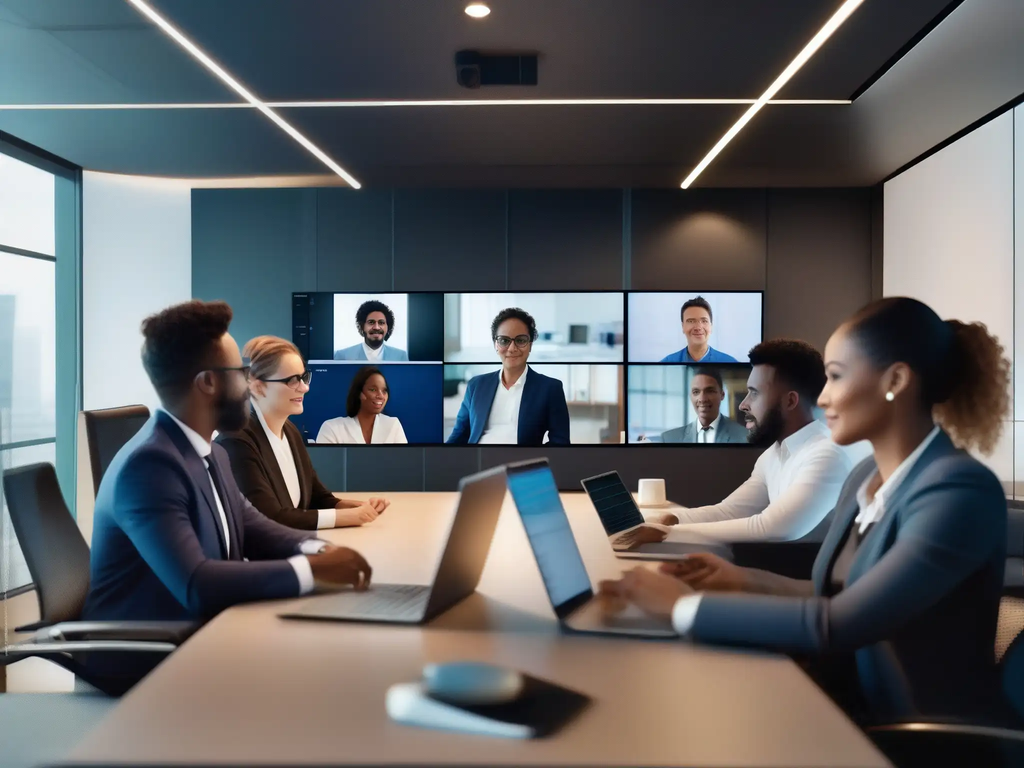 Profesionales en videoconferencia, enfocados y eficientes Un grupo de profesionales interactúa en una videoconferencia con una interfaz eficiente, destacando la modernidad y eficacia