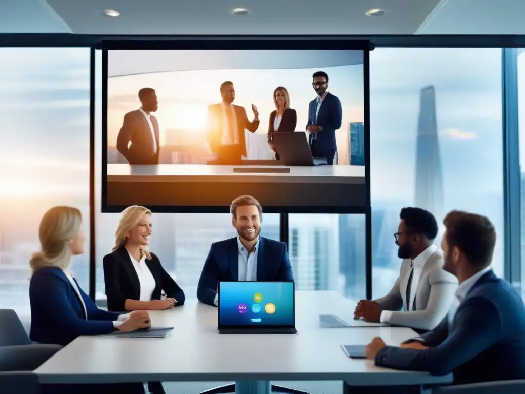 Reunión de profesionales en videoconferencia Un grupo de profesionales en una reunión de videoconferencia, con un diseño moderno en pantalla