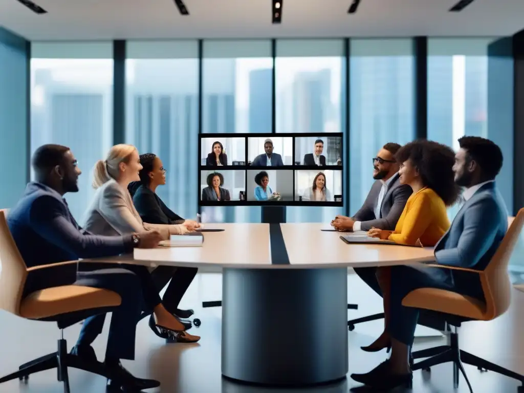 Reunión virtual de profesionales en oficina moderna Un grupo de profesionales diversos participa en una reunión virtual usando una plataforma de videoconferencia moderna y elegante