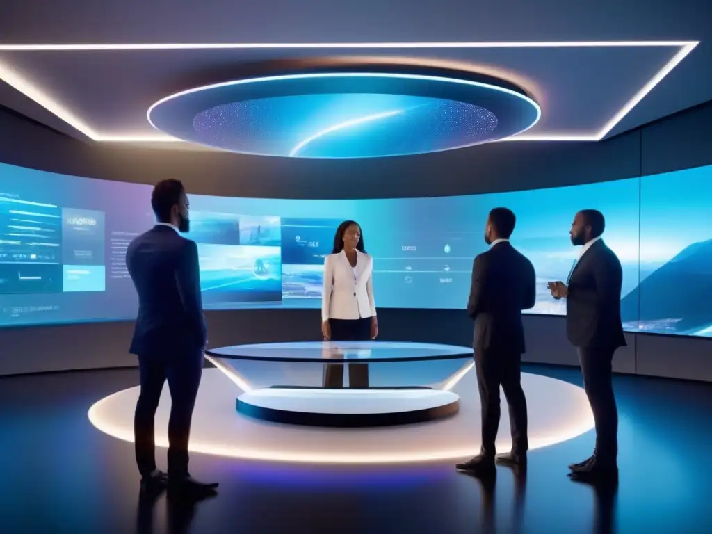Conferencia holográfica: la fusión del futuro y la profesionalidad Un grupo de profesionales se reúne en una sala de conferencias futurista, rodeados de hologramas y elementos virtuales interactivos