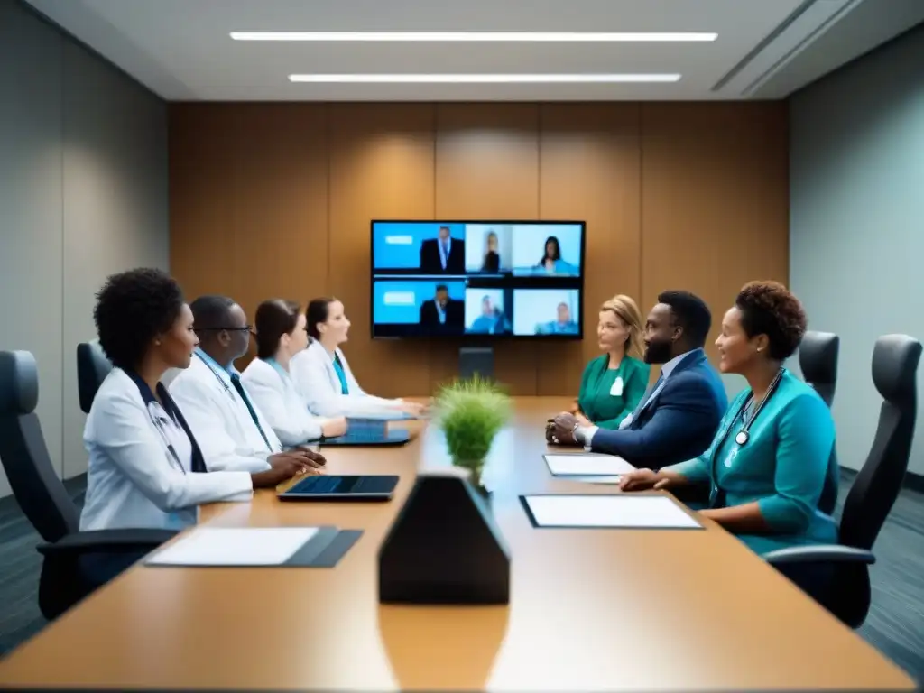 Conferencia médica virtual: Profesionales en acción Un grupo de profesionales de la salud en una sala de conferencias moderna, participando en una videoconferencia con un equipo diverso de especialistas