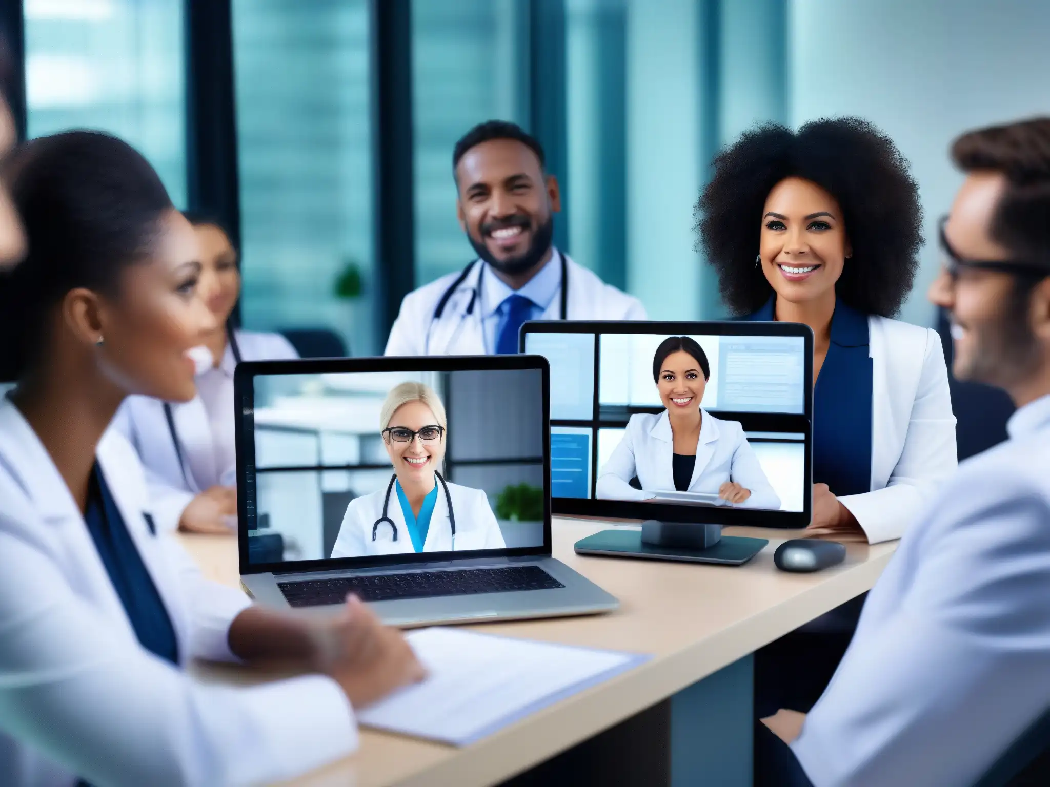 Profesionales de la salud en videoconferencia cumpliendo regulaciones Un grupo de profesionales de la salud en una videoconferencia muestra requisitos normativos para videoconferencias en la industria de la salud