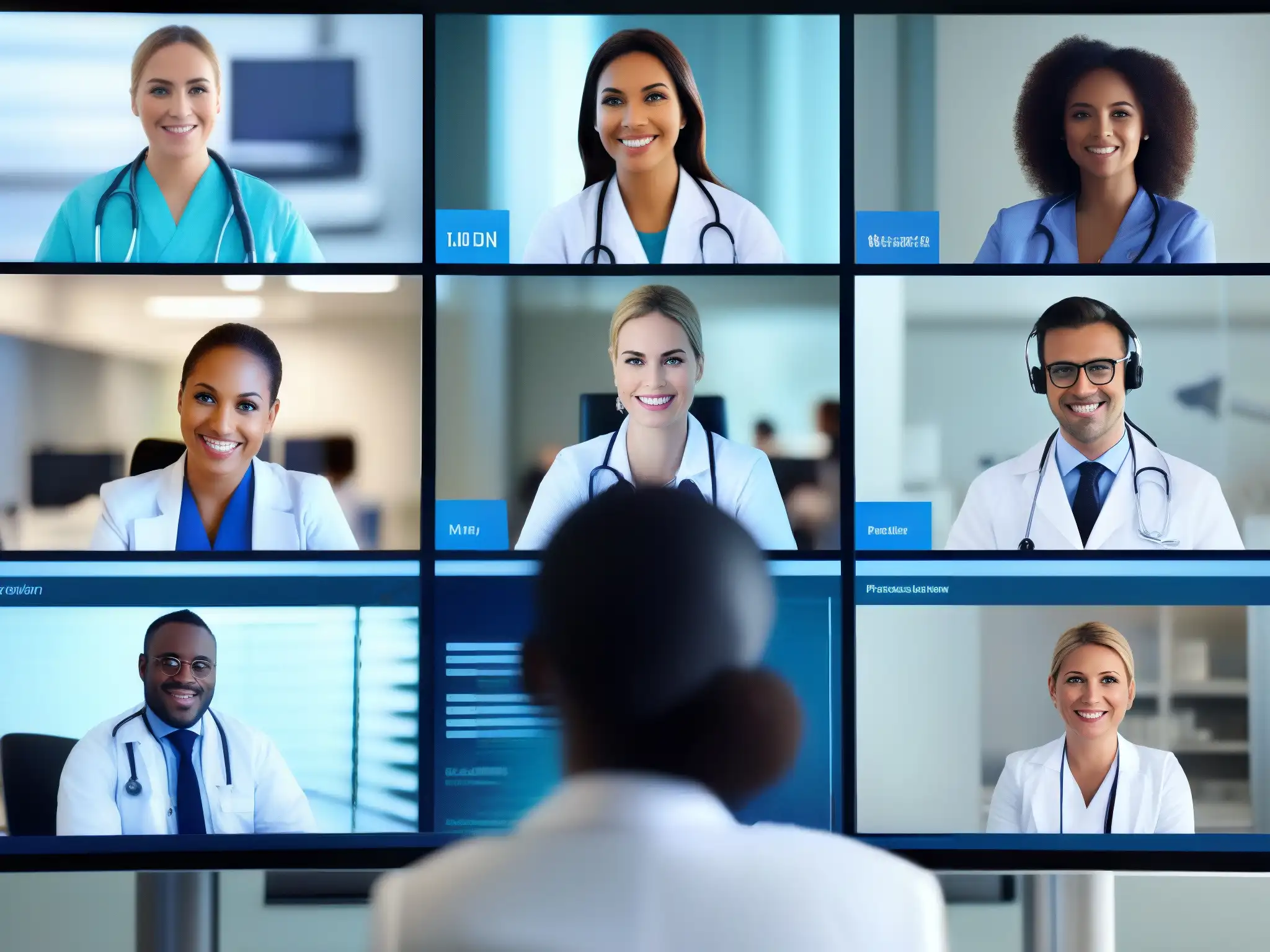 Videoconferencia médica: Colaboración y dedicación Grupo de profesionales de la salud en videoconferencia, discutiendo un caso con atención
