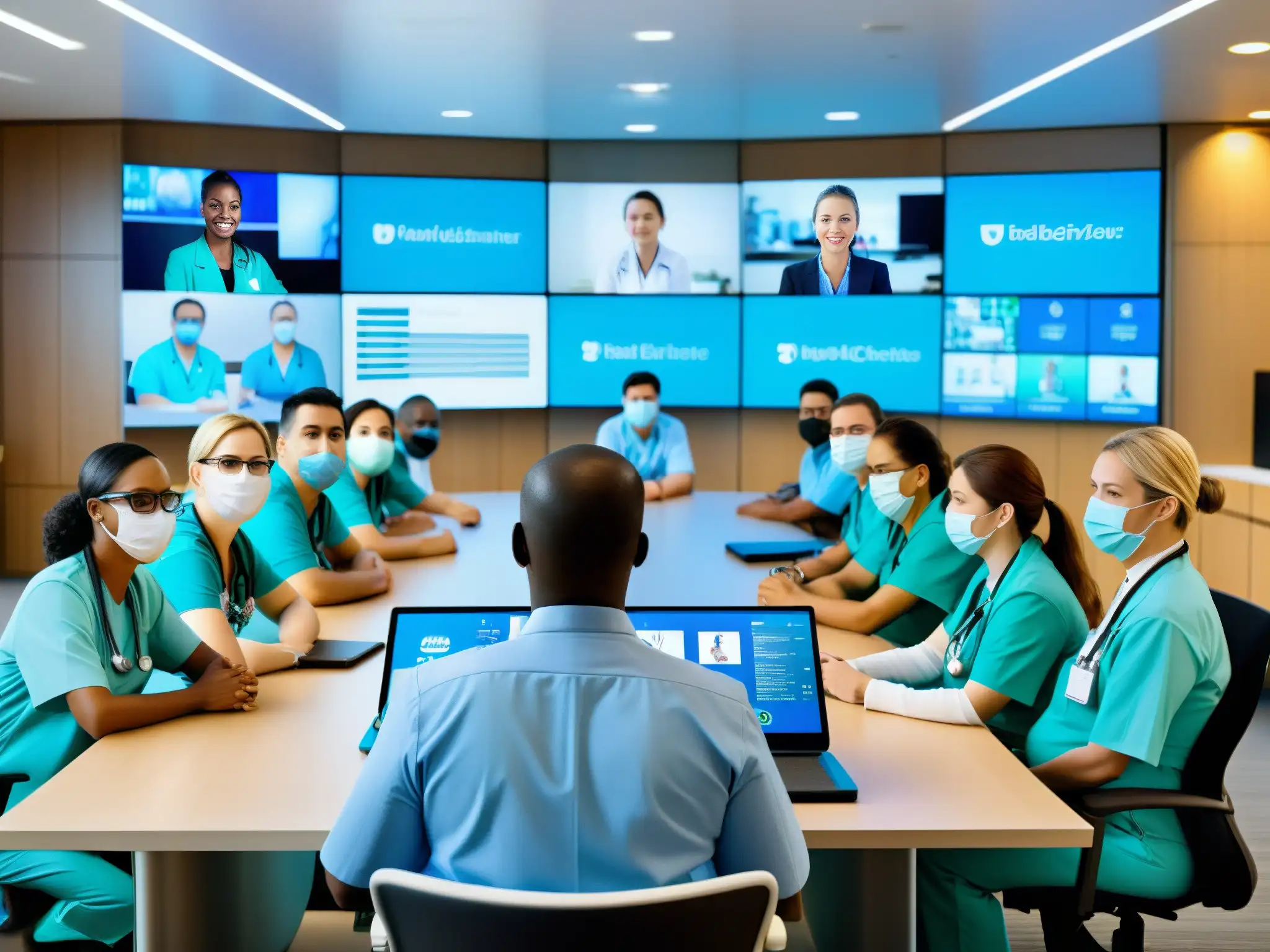 Conferencia médica global en hospital moderno Grupo de profesionales de la salud en videoconferencia mundial en moderna sala de hospital