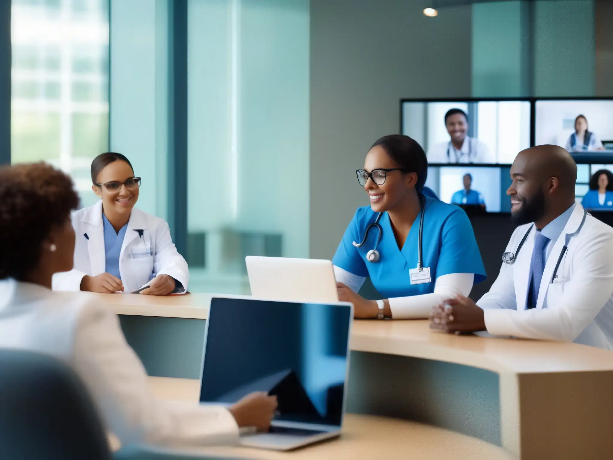 Conferencia de Profesionales de la Salud: Estrategias Innovadoras Un grupo de profesionales de la salud en videoconferencia, discutiendo estrategias de optimización de tiempos en el sector salud