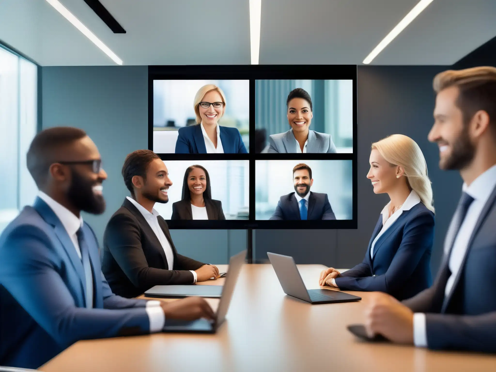 Videoconferencia segura: Profesionales confiables en acción Un grupo de profesionales en trajes de negocios participando en una videoconferencia segura, con tecnología avanzada