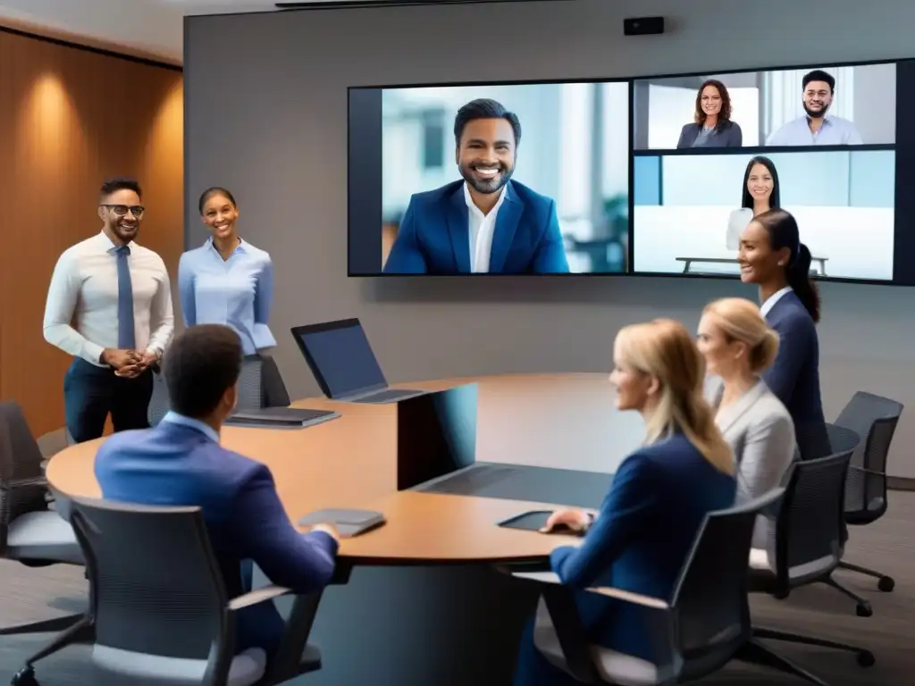 Videoconferencia 5G: Colaboración profesional de alta calidad Un grupo de profesionales participa en una videoconferencia de alta resolución, mostrando la integración 5G en la comunicación profesional