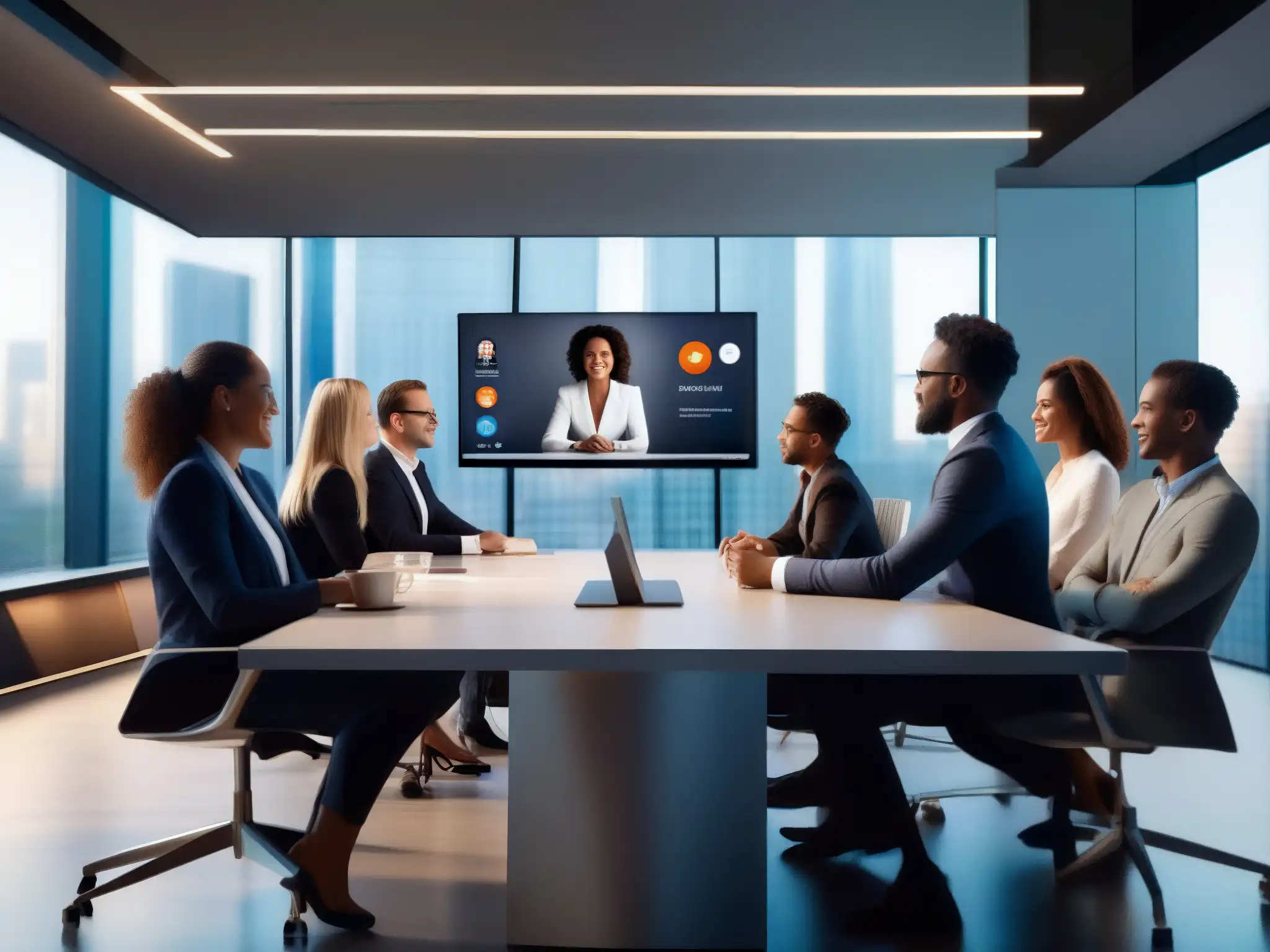Conferencia virtual: global, profesional y productiva Un grupo de profesionales se reúne en una videoconferencia, mostrando una atmósfera de colaboración global y profesionalismo