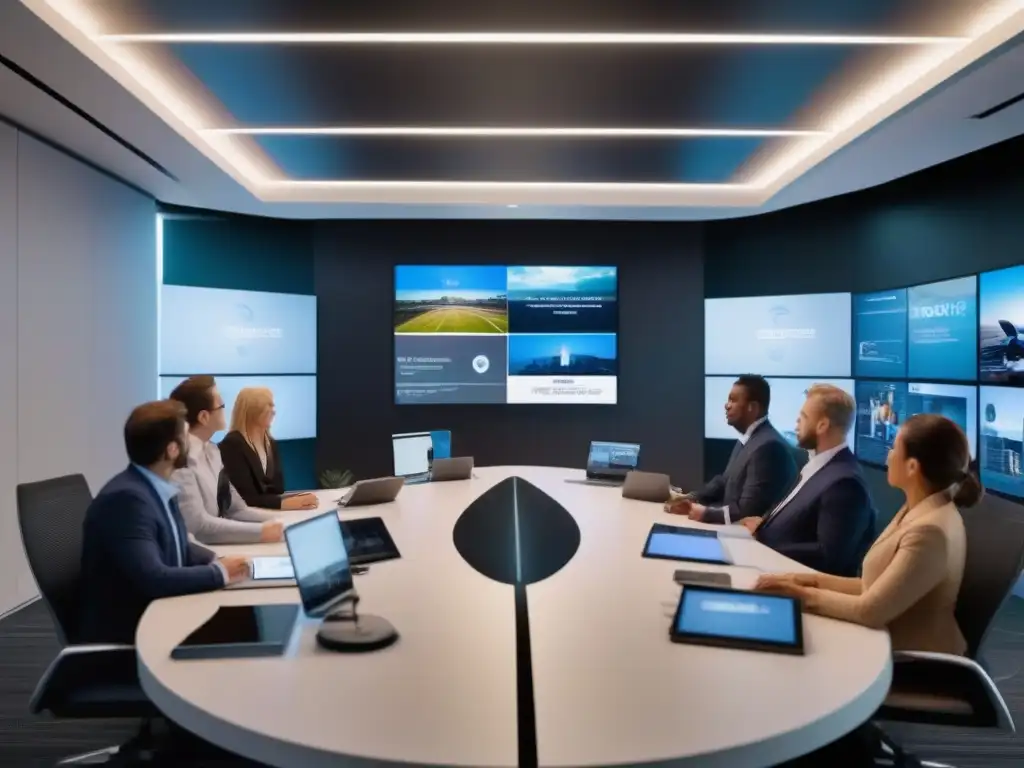 Videoconferencia de profesionales con tecnología de automatización avanzada Un grupo de profesionales se reúne en una videoconferencia con automatización avanzada