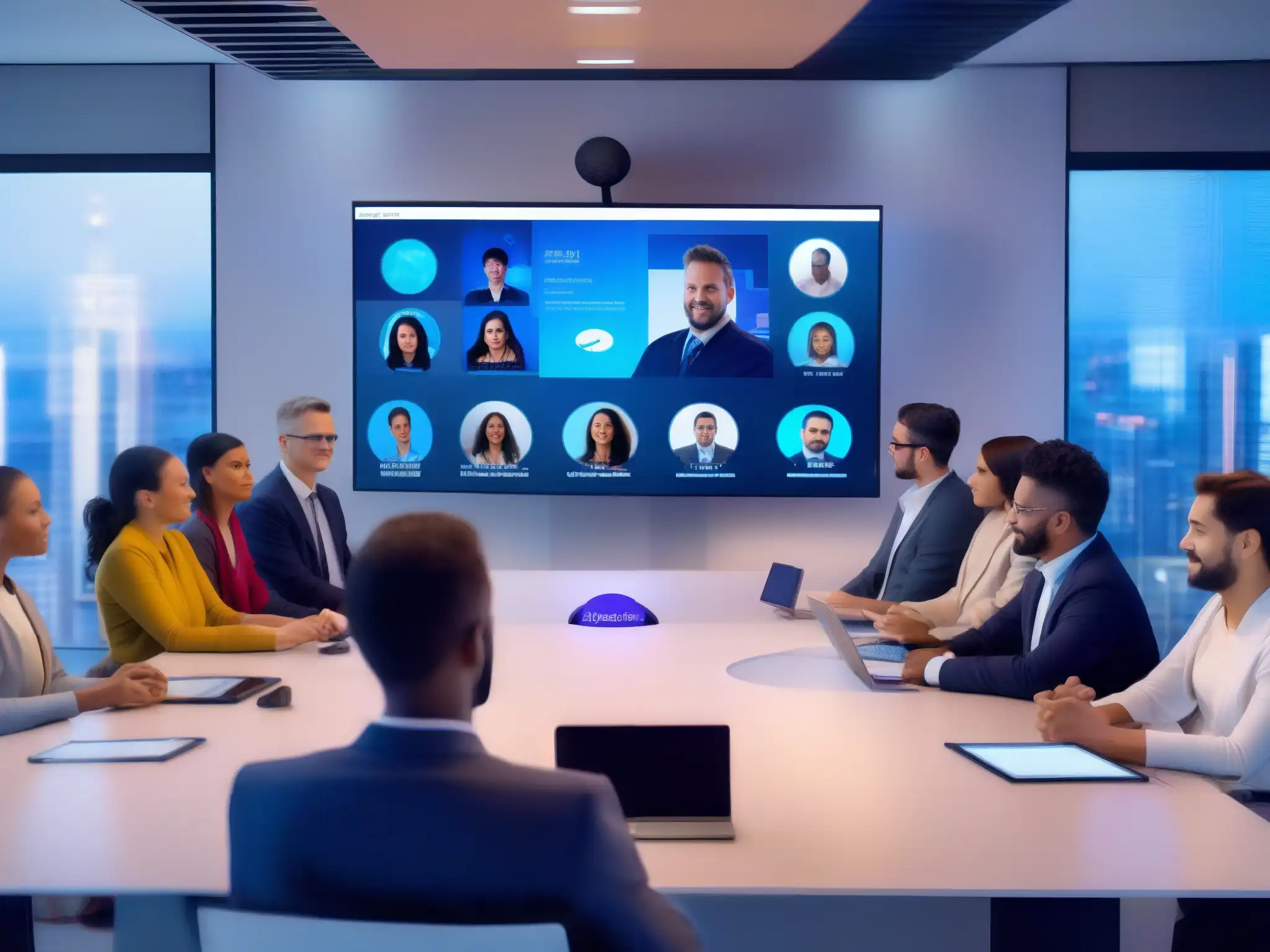 Videoconferencia futurista con IA y avatares virtuales Un grupo de profesionales en videoconferencia con avatares virtuales y herramientas de IA para mejorar videoconferencias