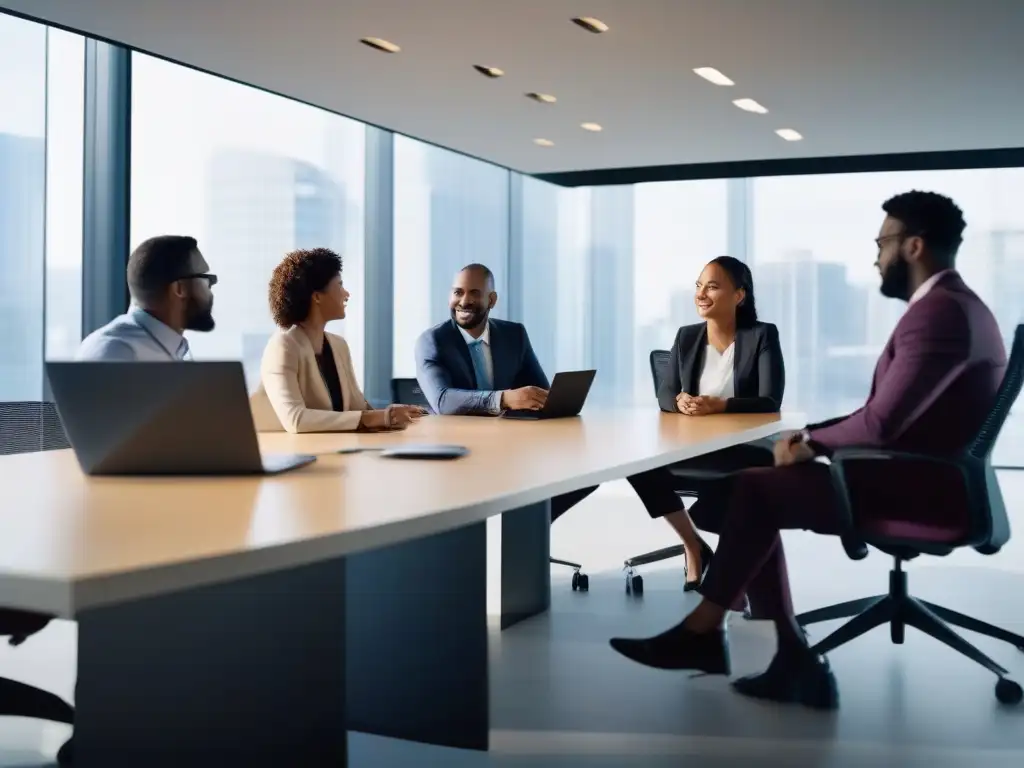 Reunión virtual: Profesionales comprometidos con Chime Un grupo de profesionales diversos participa en una videoconferencia con eficiencia de Chime, en una oficina contemporánea llena de luz natural