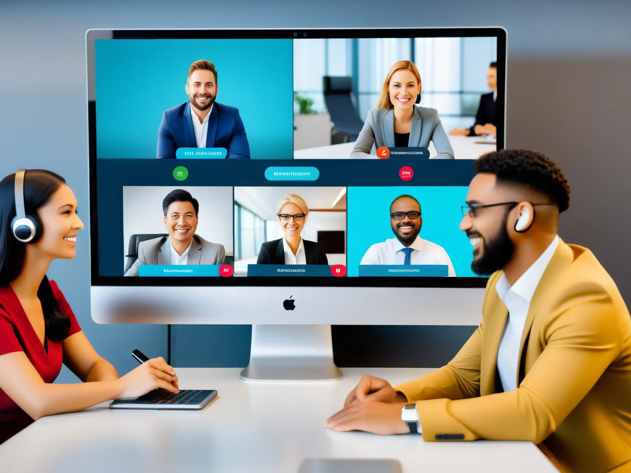 Videoconferencia gamificada: interacción dinámica y moderna Un grupo de profesionales participa en una videoconferencia con elementos de gamificación, como insignias virtuales y quizzes interactivos