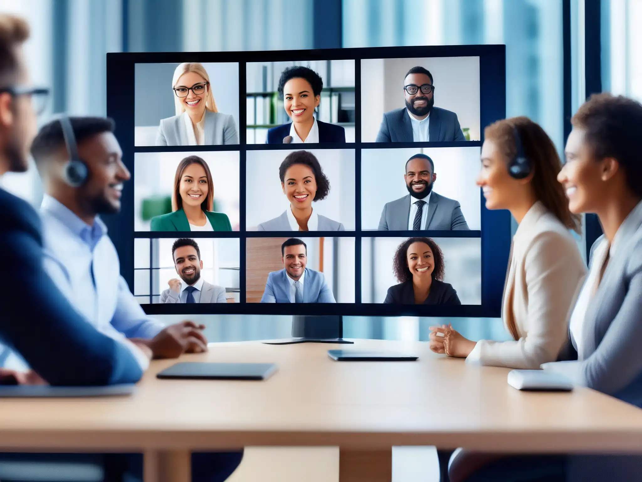 Reunión virtual profesional: colaboración eficiente y moderna Un grupo de profesionales en una videoconferencia, enfocados y comprometidos