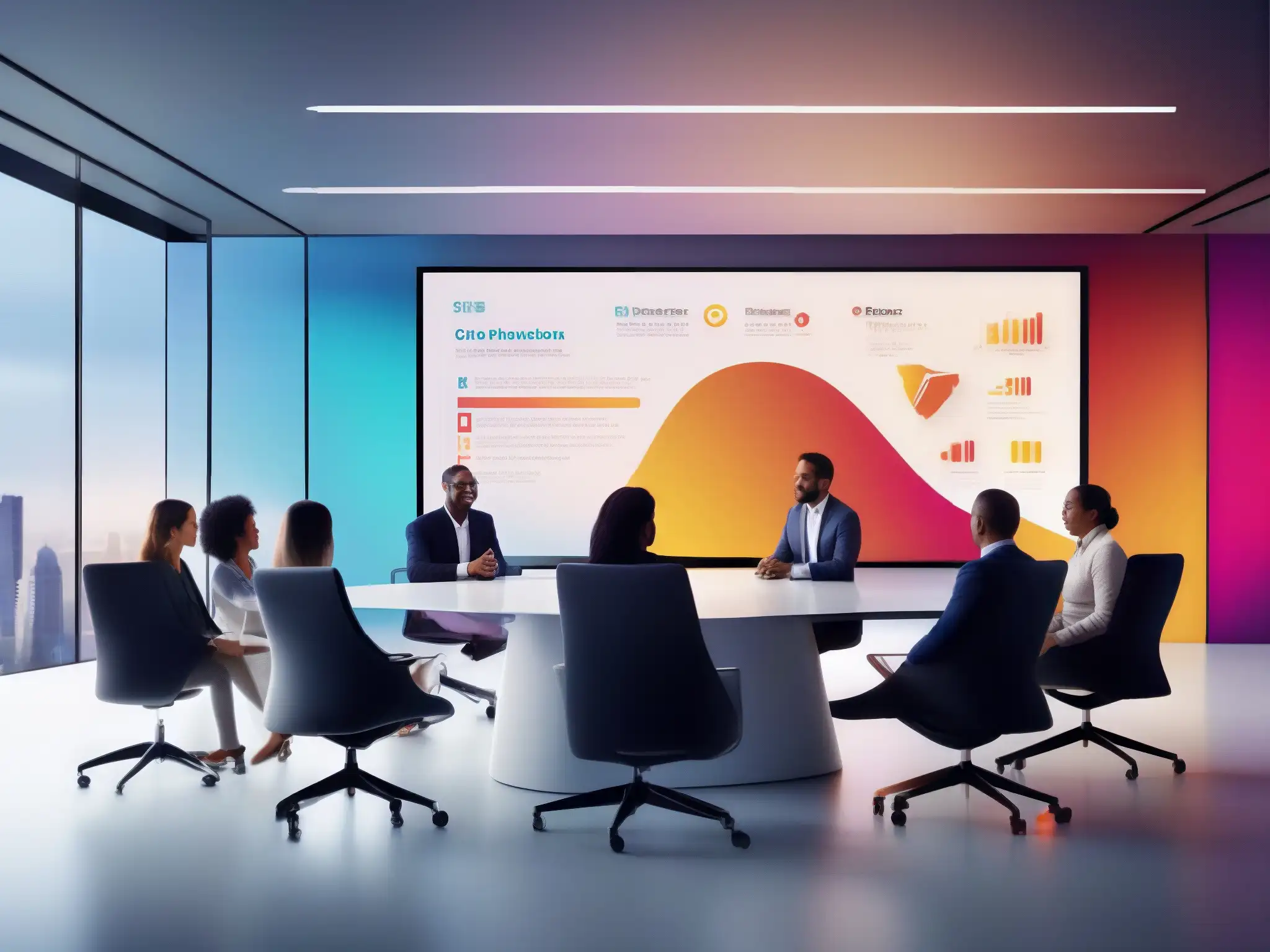 Reunión virtual de profesionales en oficina moderna Grupo de profesionales en videoconferencia, con expresiones de éxito e innovación