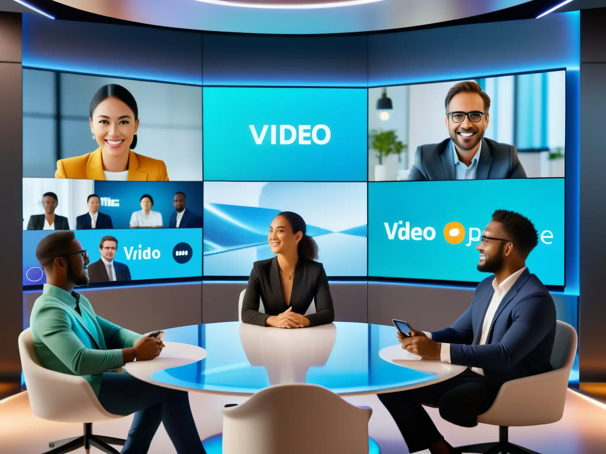 Videoconferencia futurista: Profesionales colaborando en hologramas Un grupo de profesionales diversos participando en una videoconferencia futurista con herramientas de vanguardia en 2023