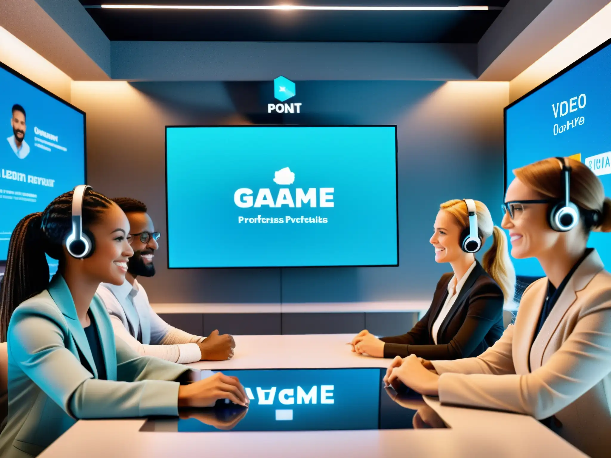 Videoconferencia gamificada: profesionales con avatares en espacio virtual Un grupo de profesionales en una videoconferencia gamificada, rodeados de elementos interactivos y una interfaz futurista