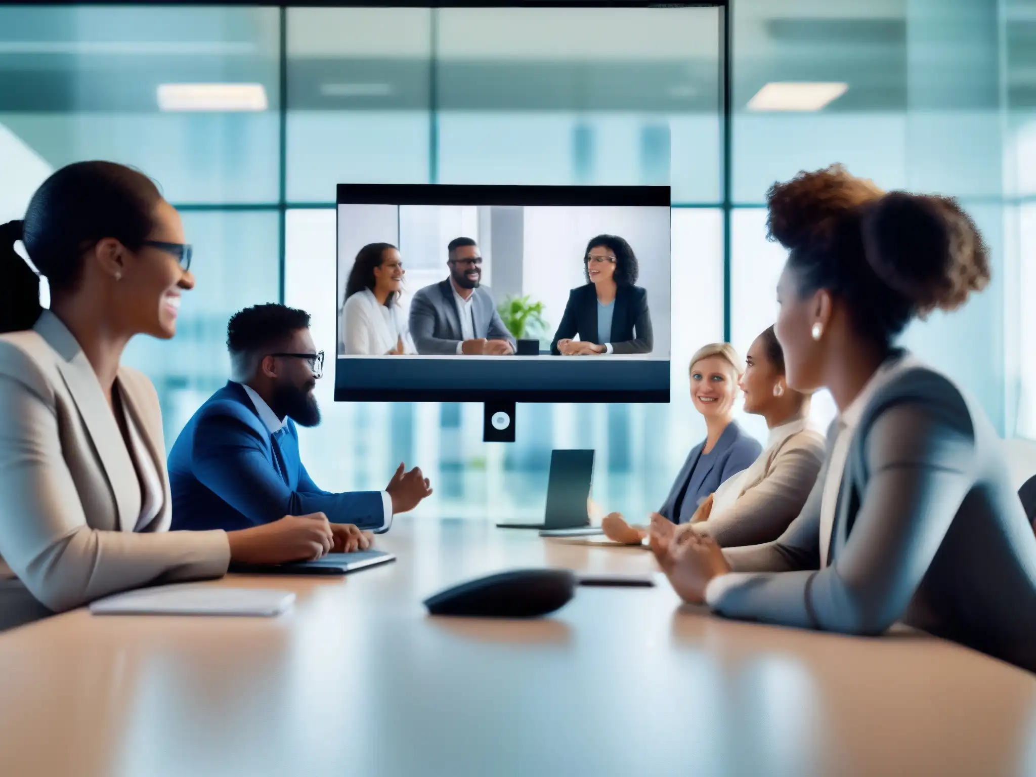 Reunión de profesionales en videoconferencia Grupo de profesionales en videoconferencia, colaborando en una oficina moderna