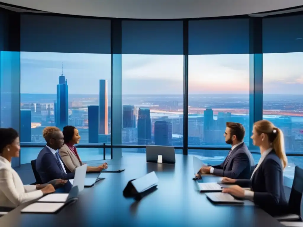Reunión profesional con tecnología de videoconferencia 5G Un grupo de profesionales en una videoconferencia 5Gen una sala moderna con vista a la ciudad