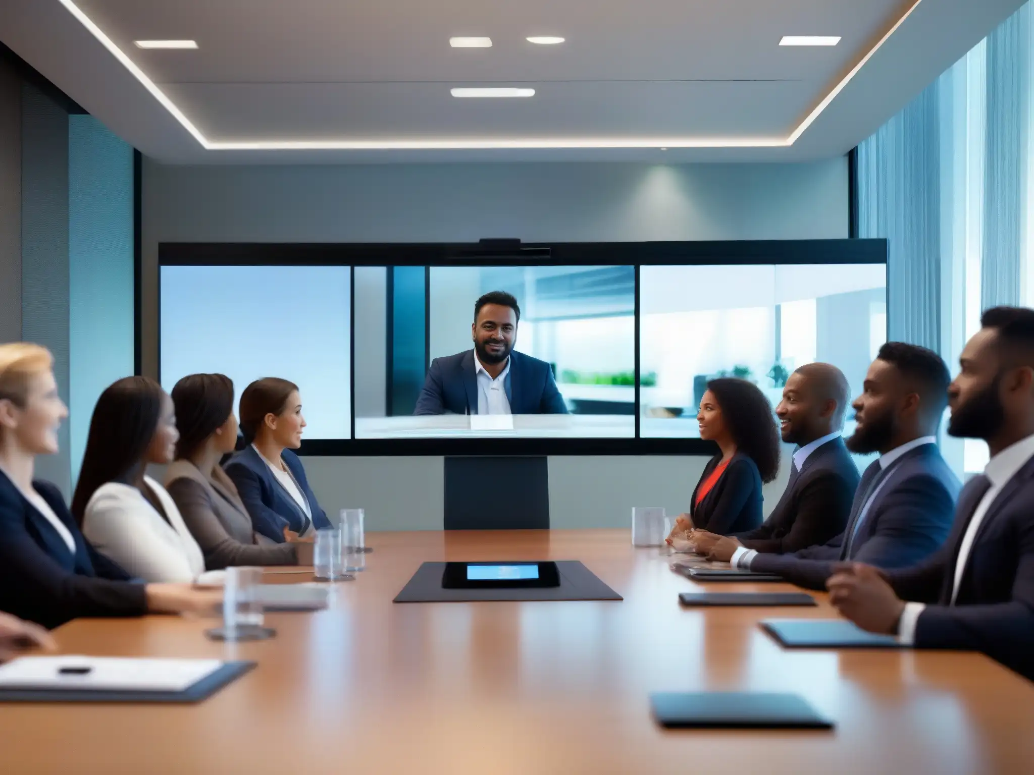 Conferencia de Video Profesional y Segura Un grupo de profesionales en una videoconferencia segura, transmitiendo profesionalismo y seguridad